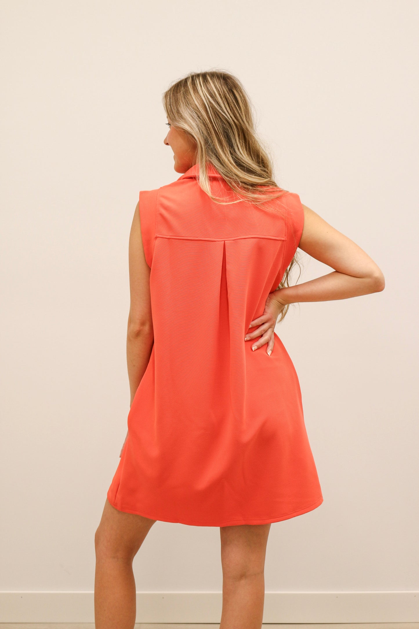 Sporty Collared V-Neck Textured Knit Mini Dress - Orange Red