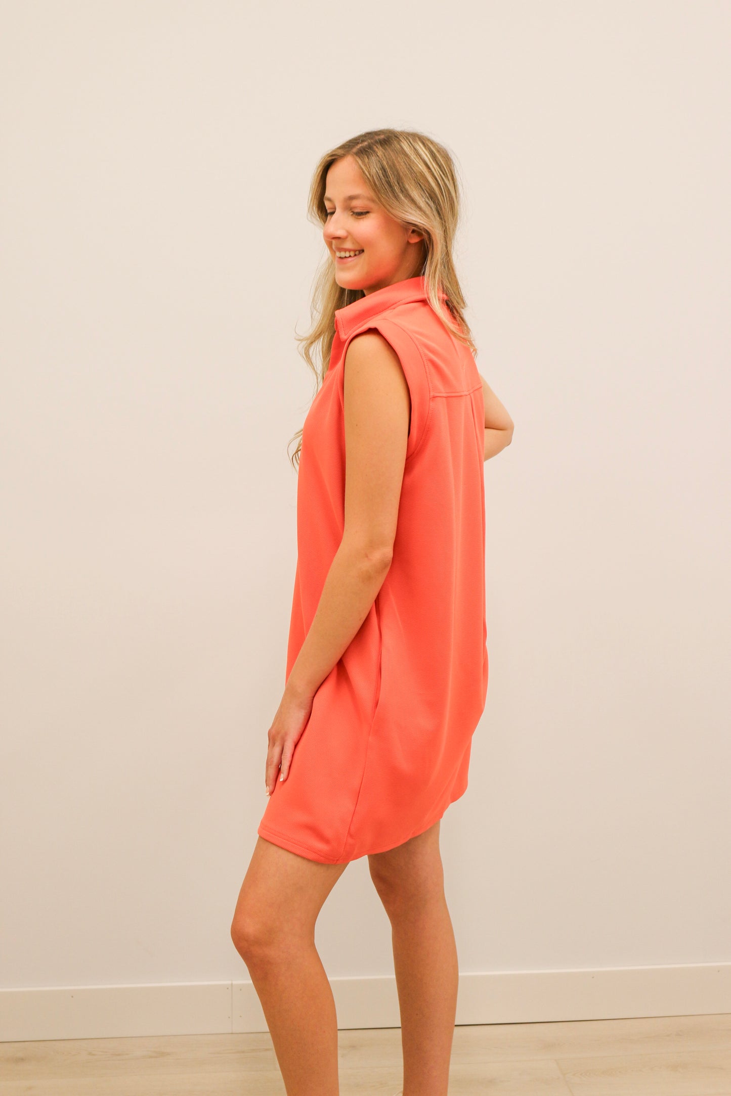 Sporty Collared V-Neck Textured Knit Mini Dress - Orange Red