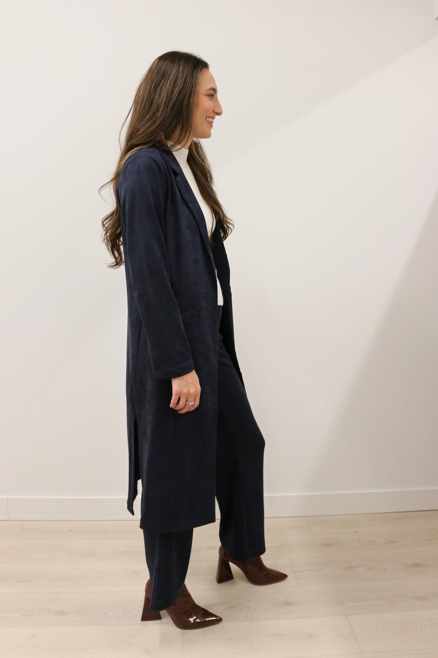 Lana Faux Suede Long Sleeve Duster Trench Overcoat - Deep Navy