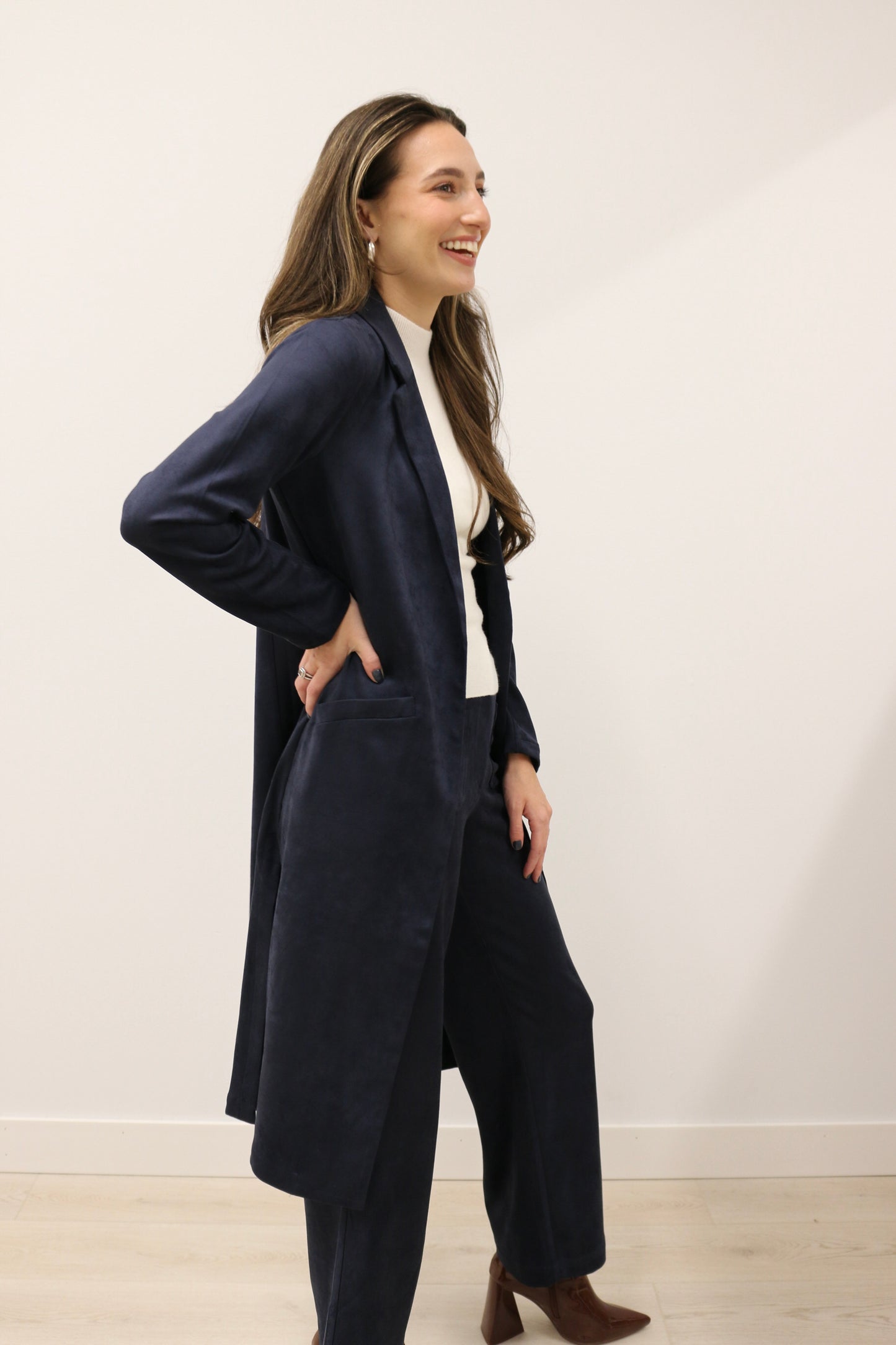 Lana Faux Suede Long Sleeve Duster Trench Overcoat - Deep Navy