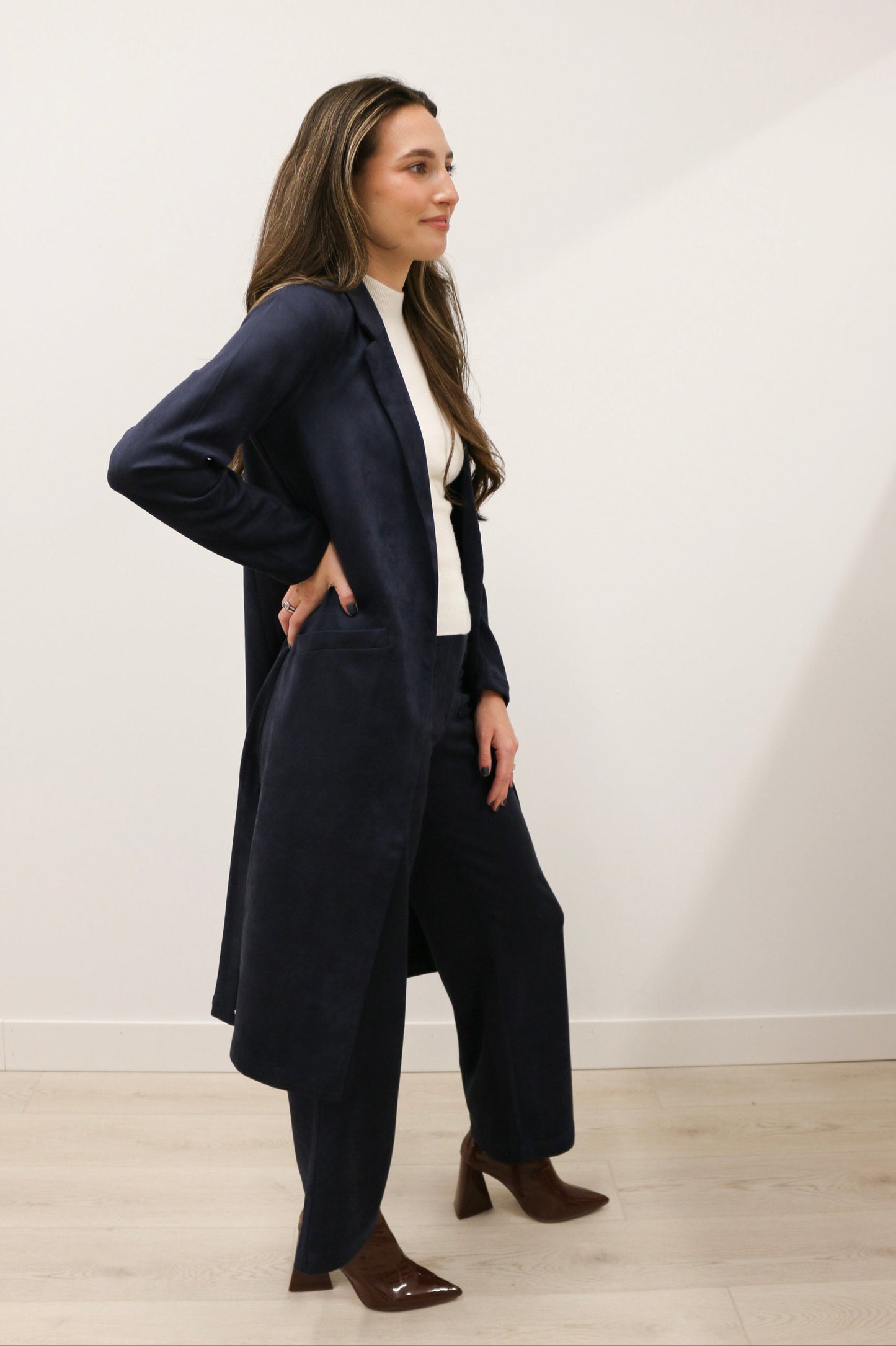 Lana Faux Suede Long Sleeve Duster Trench Overcoat - Deep Navy