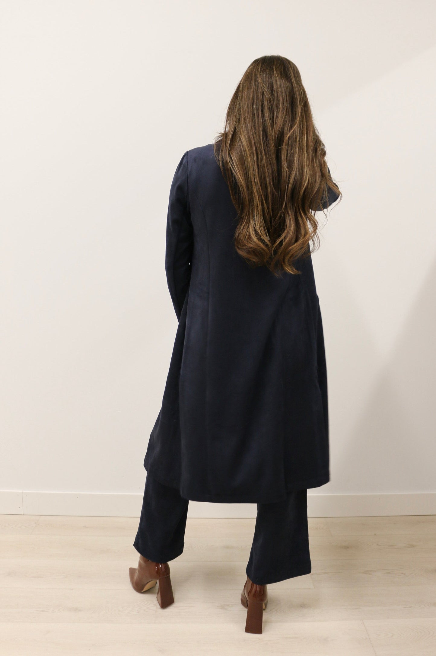 Lana Faux Suede Long Sleeve Duster Trench Overcoat - Deep Navy