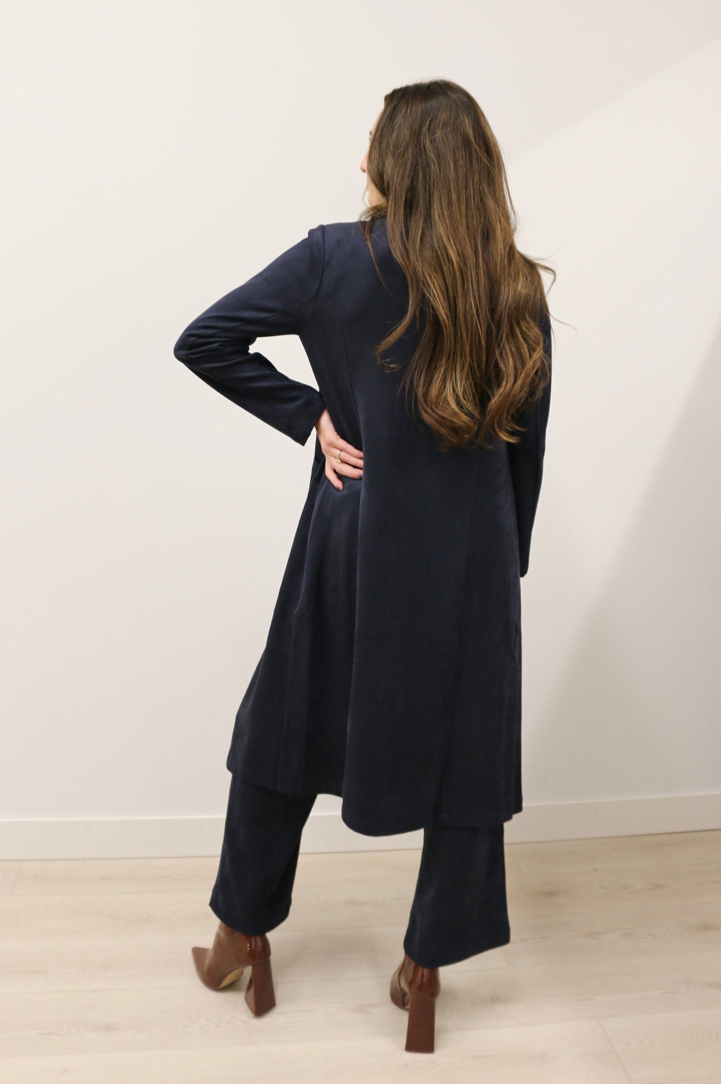 Lana Faux Suede Long Sleeve Duster Trench Overcoat - Deep Navy