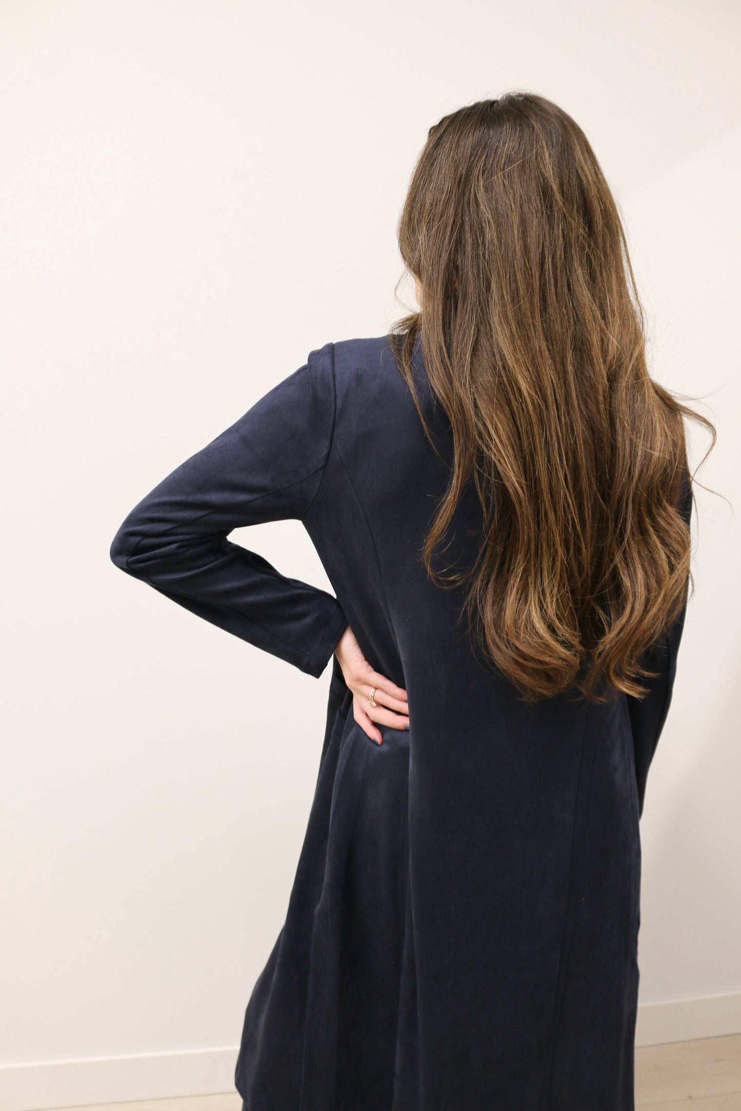 Lana Faux Suede Long Sleeve Duster Trench Overcoat - Deep Navy