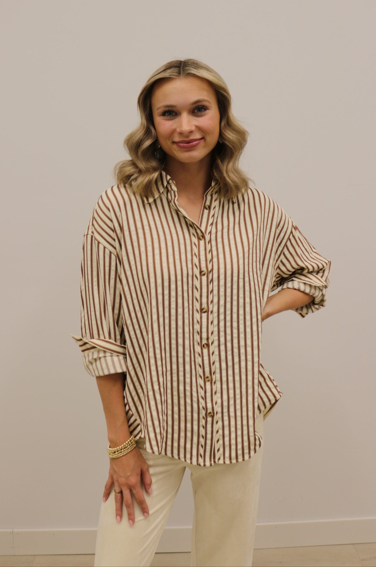 Sutton Textured Stripe Collared Long Sleeve Button Down - Camel Brown