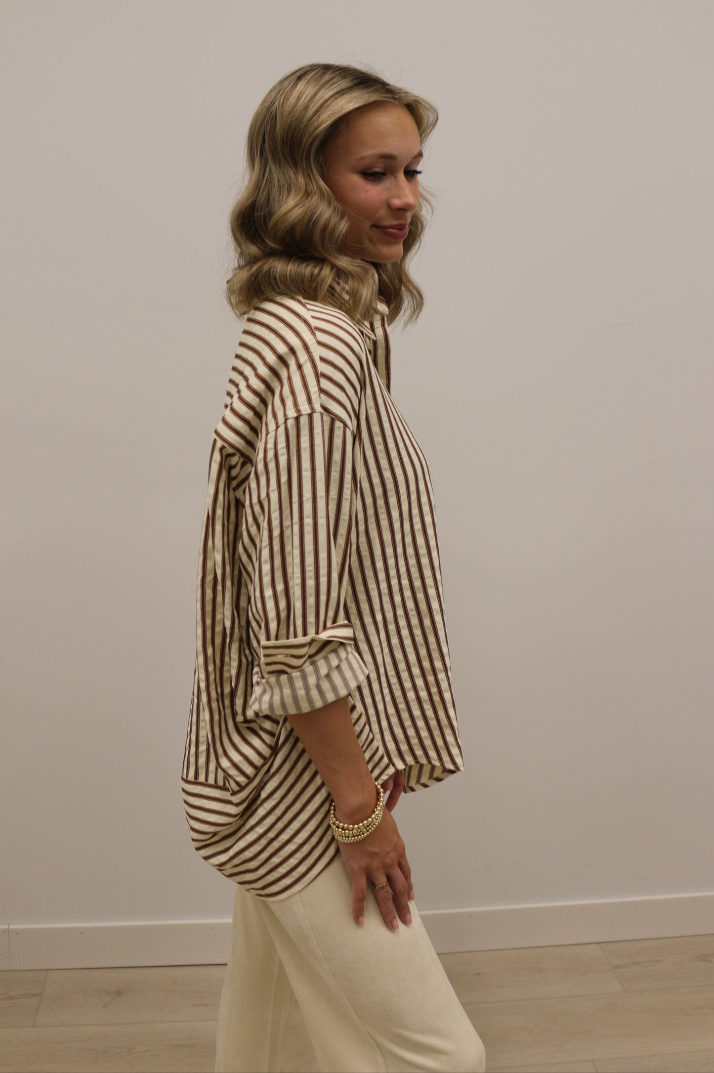 Sutton Textured Stripe Collared Long Sleeve Button Down - Camel Brown