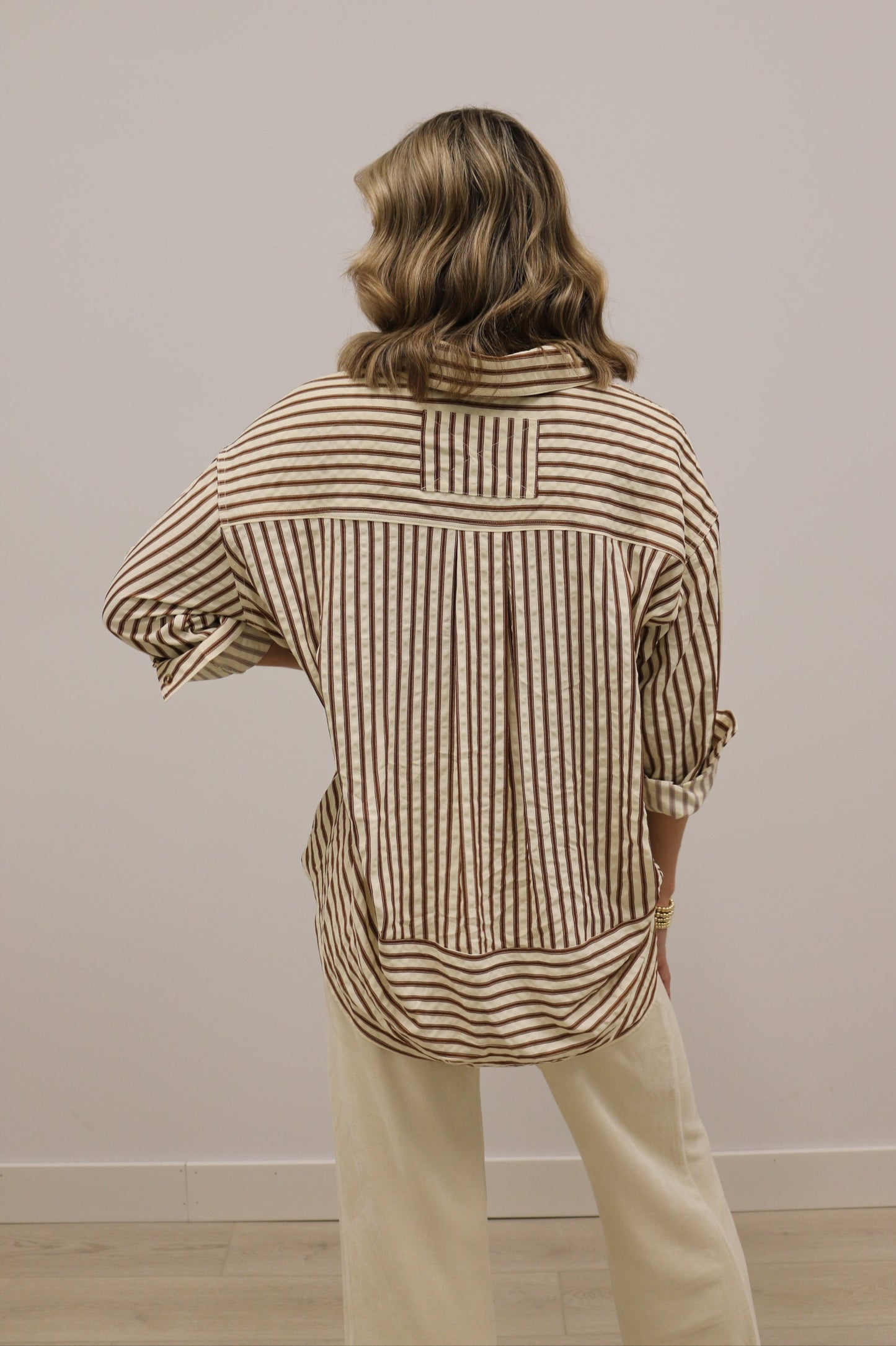 Sutton Textured Stripe Collared Long Sleeve Button Down - Camel Brown
