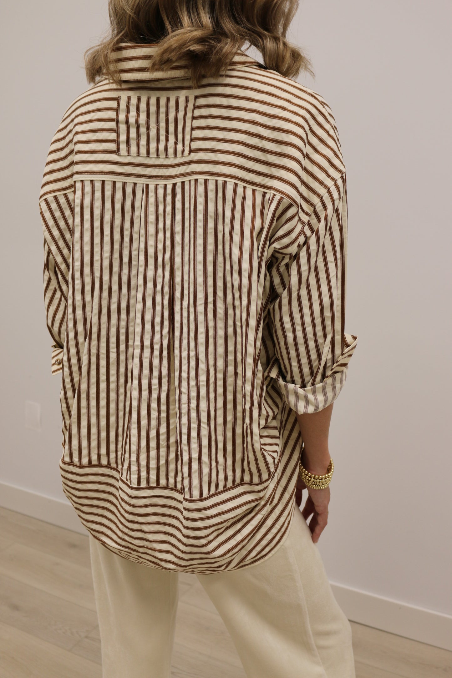 Sutton Textured Stripe Collared Long Sleeve Button Down - Camel Brown