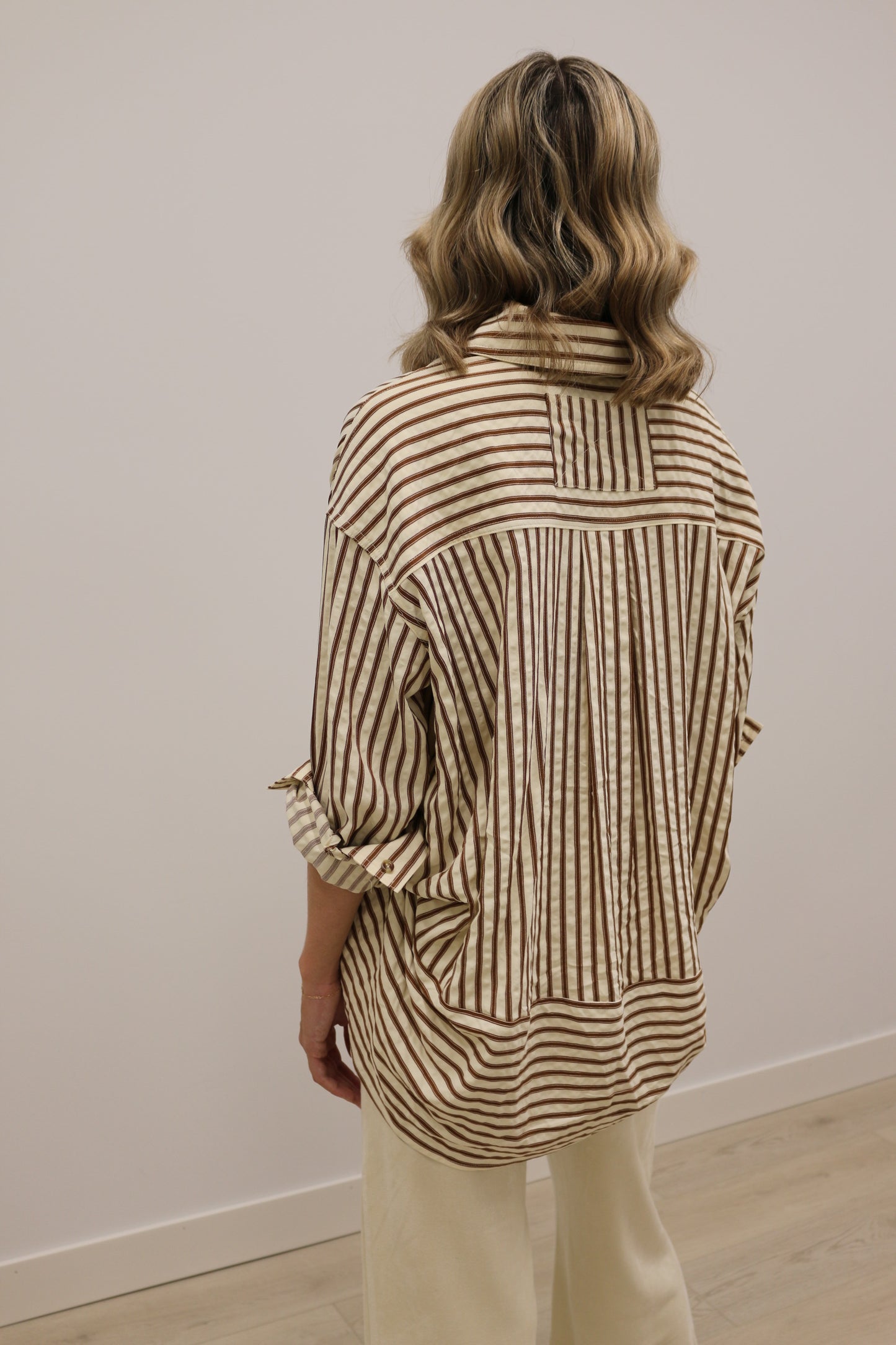 Sutton Textured Stripe Collared Long Sleeve Button Down - Camel Brown