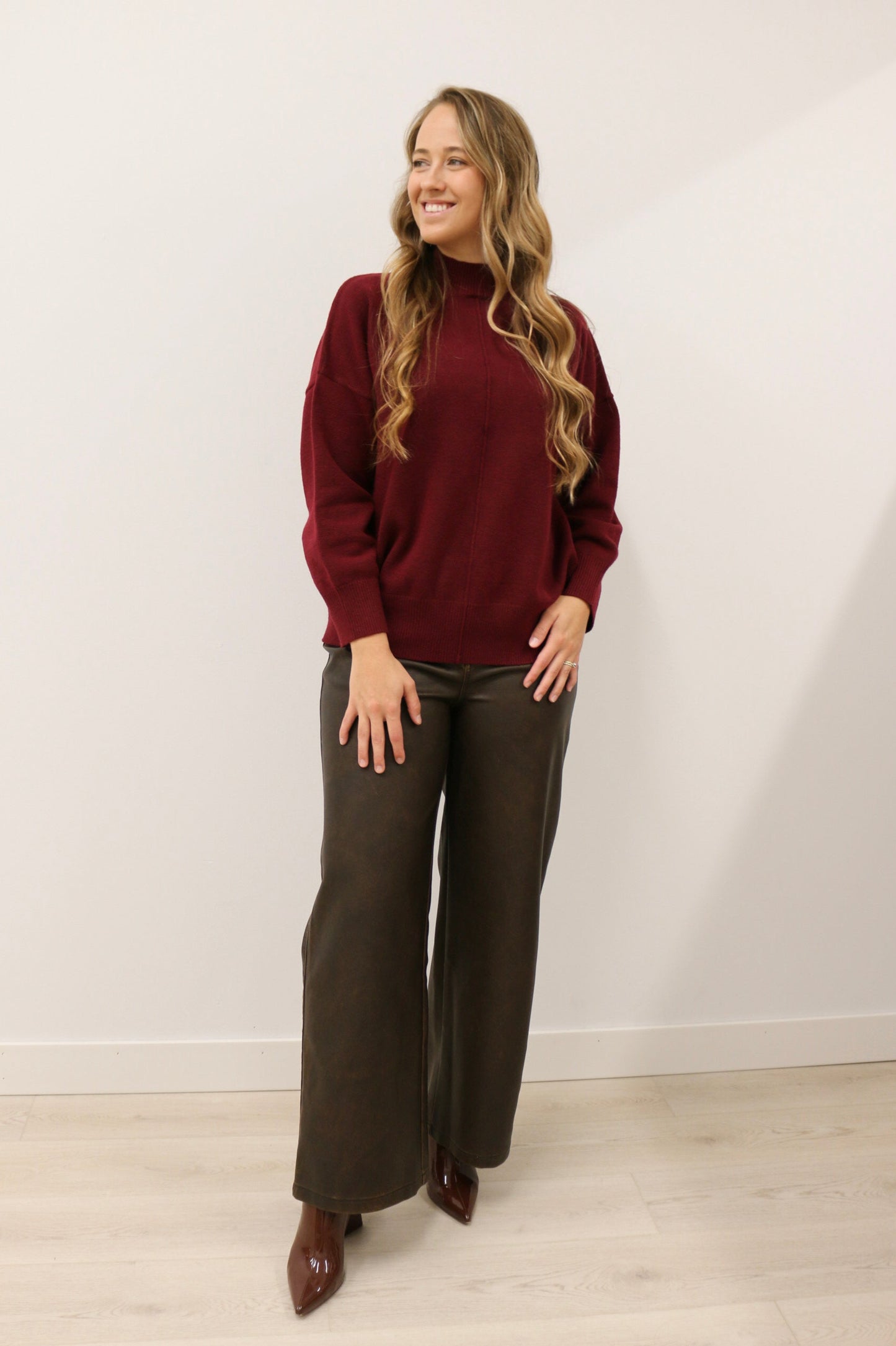 Tilly Front Seam Mock Neck Long Sleeve Relaxed Sweater - Burgundy