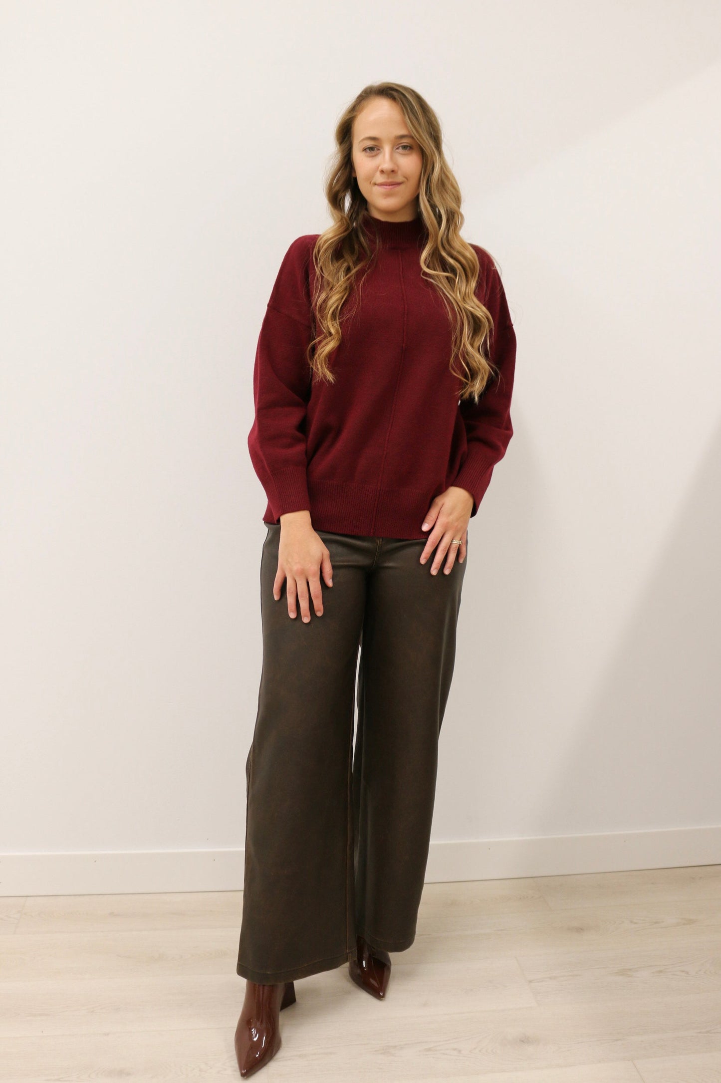 Tilly Front Seam Mock Neck Long Sleeve Relaxed Sweater - Burgundy