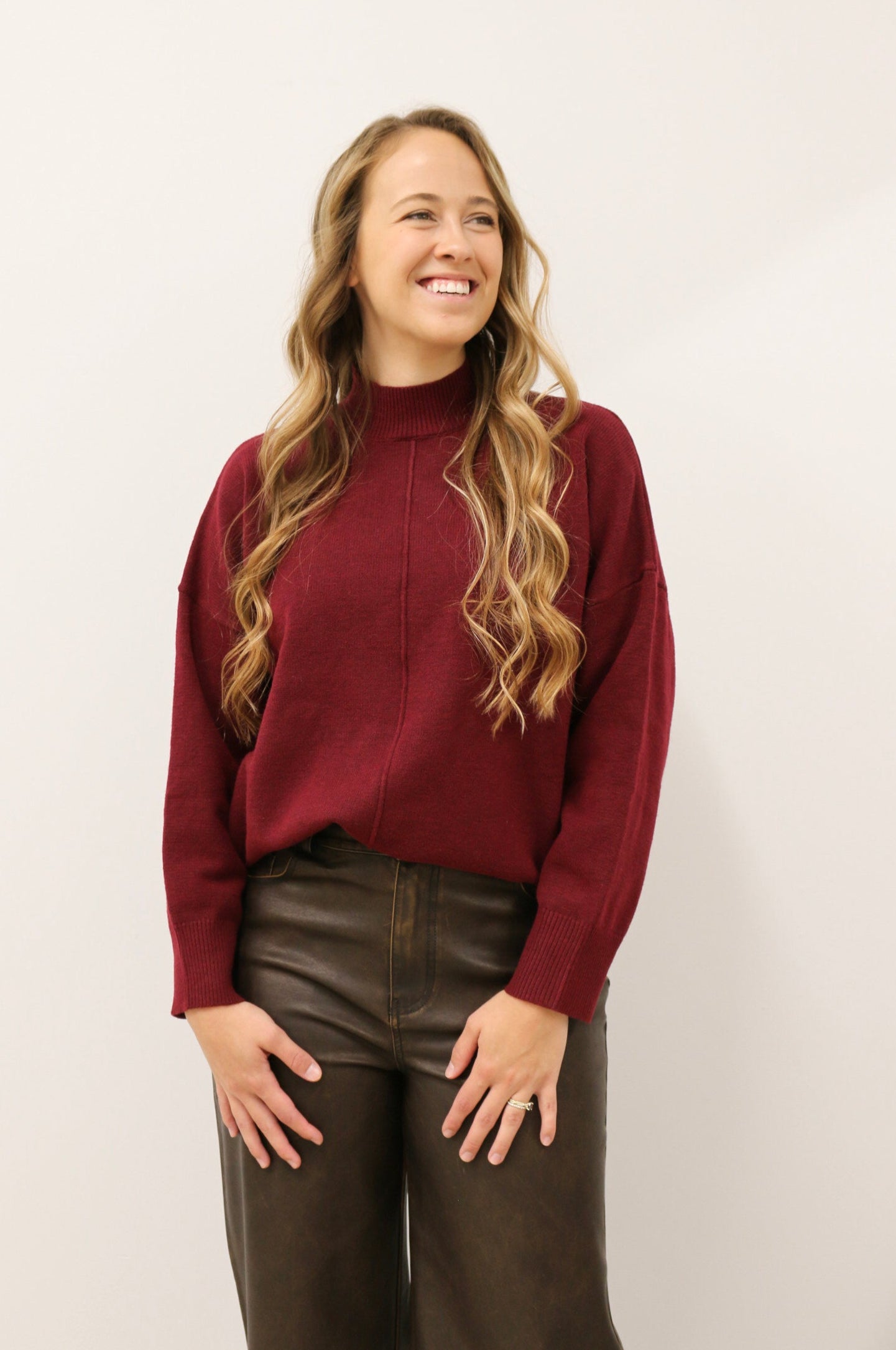 Tilly Front Seam Mock Neck Long Sleeve Relaxed Sweater - Burgundy