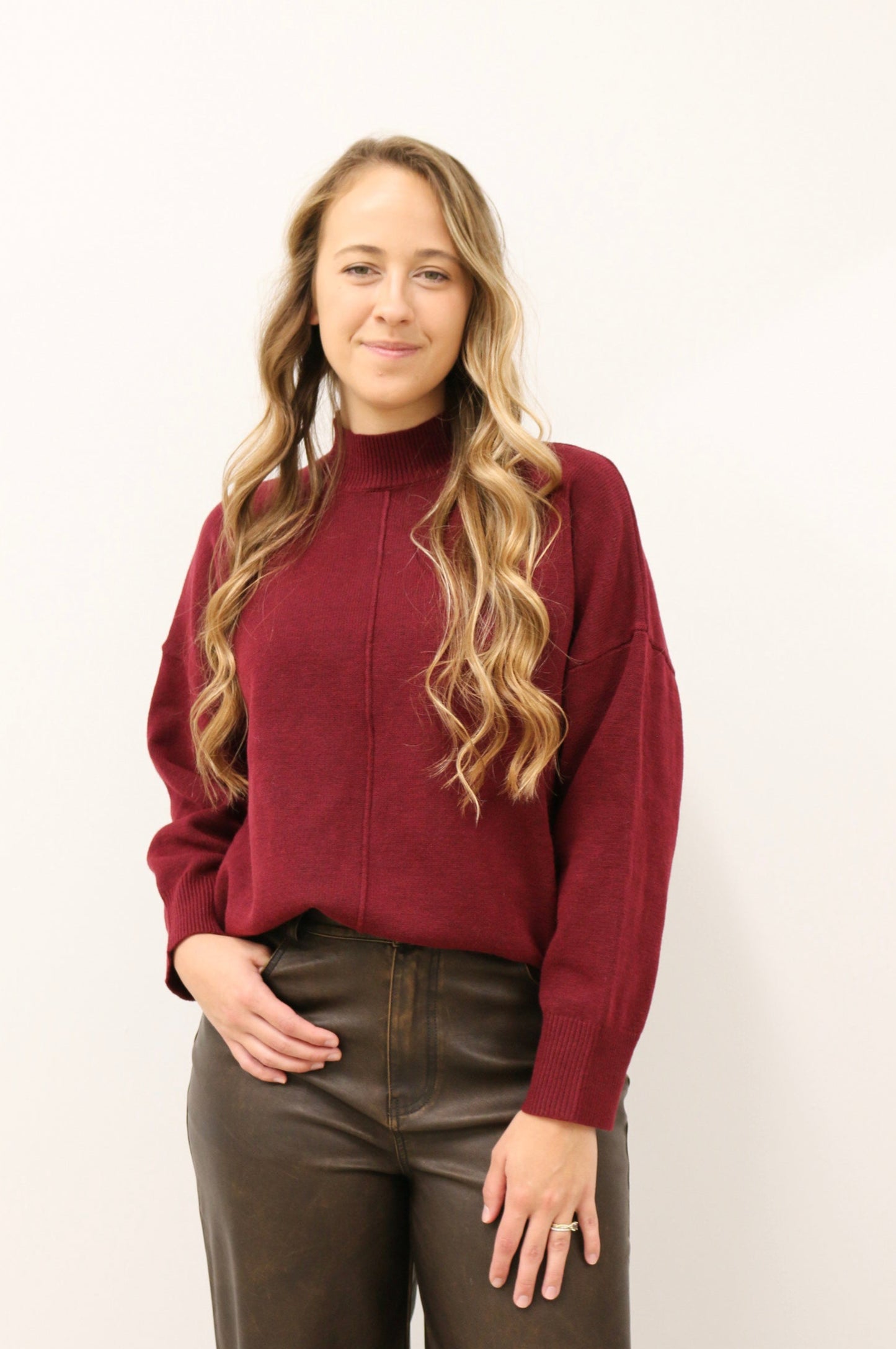 Tilly Front Seam Mock Neck Long Sleeve Relaxed Sweater - Burgundy