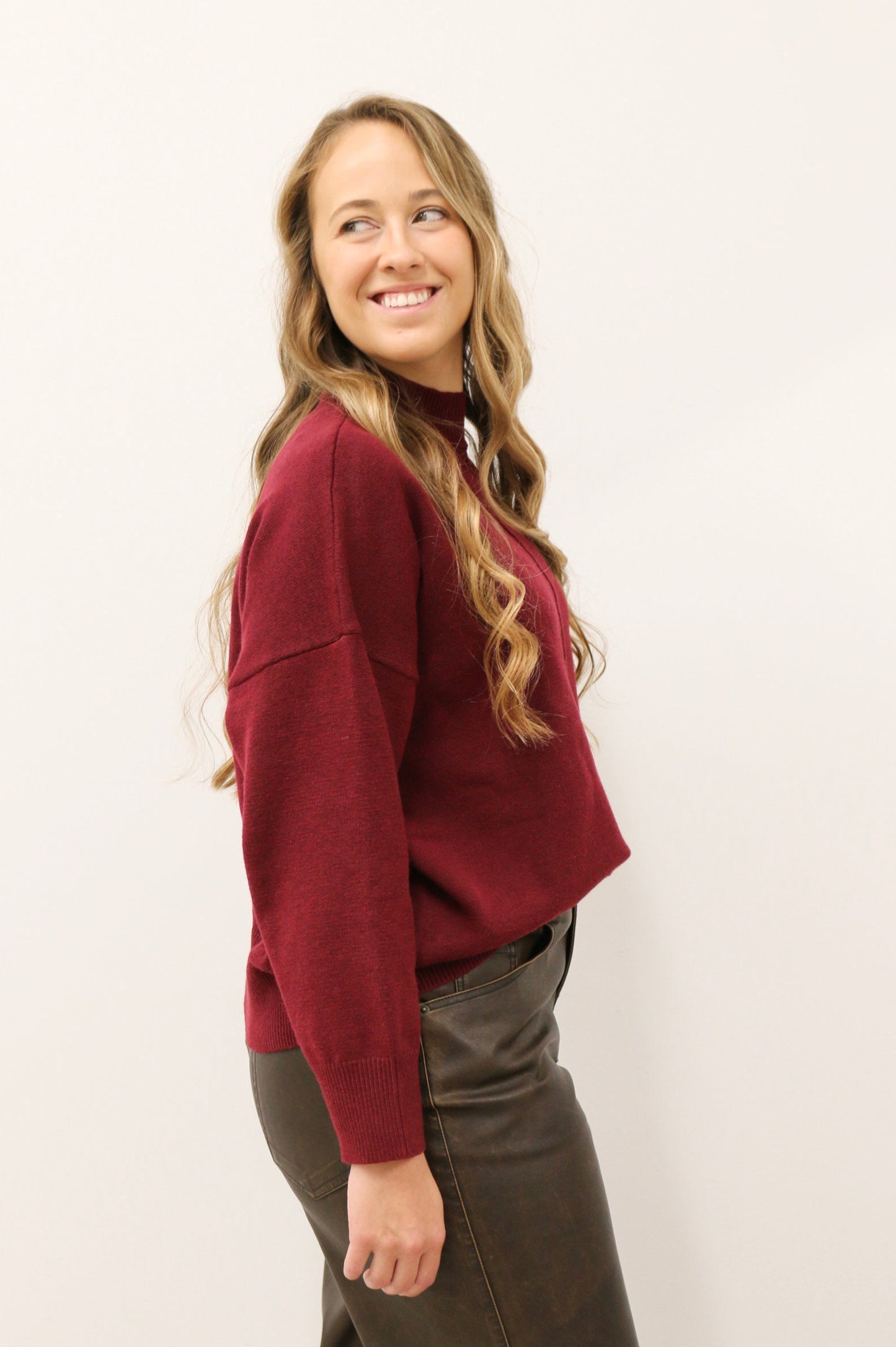 Tilly Front Seam Mock Neck Long Sleeve Relaxed Sweater - Burgundy