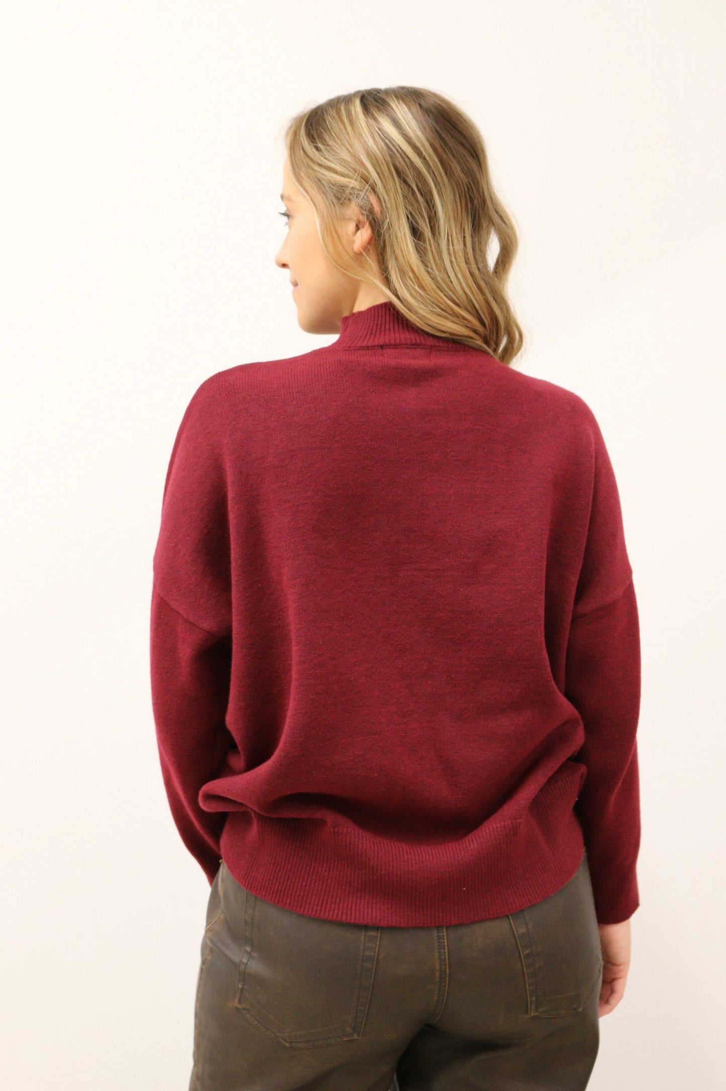 Tilly Front Seam Mock Neck Long Sleeve Relaxed Sweater - Burgundy