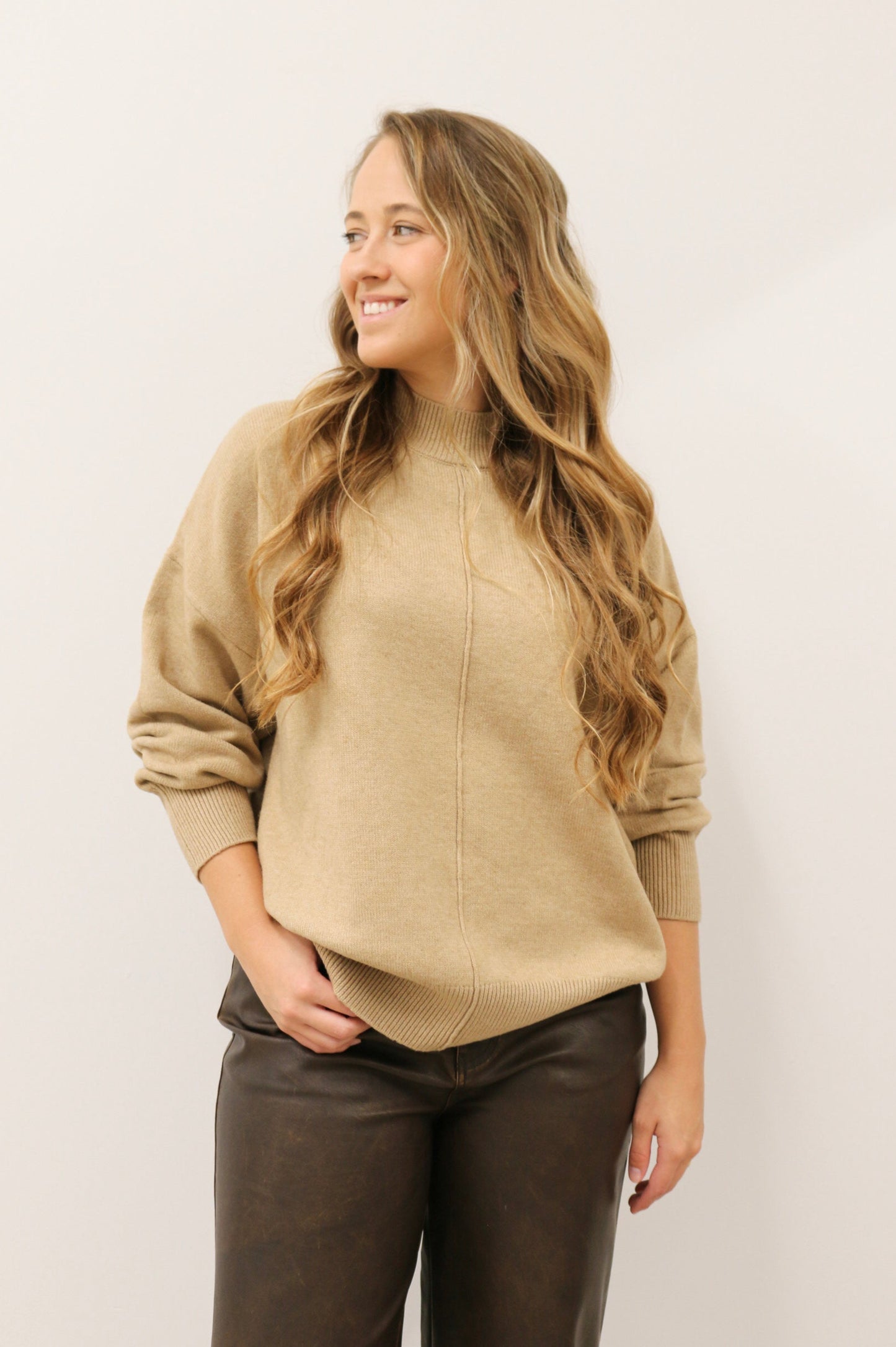 Tilly Front Seam Mock Neck Long Sleeve Relaxed Sweater - Latte