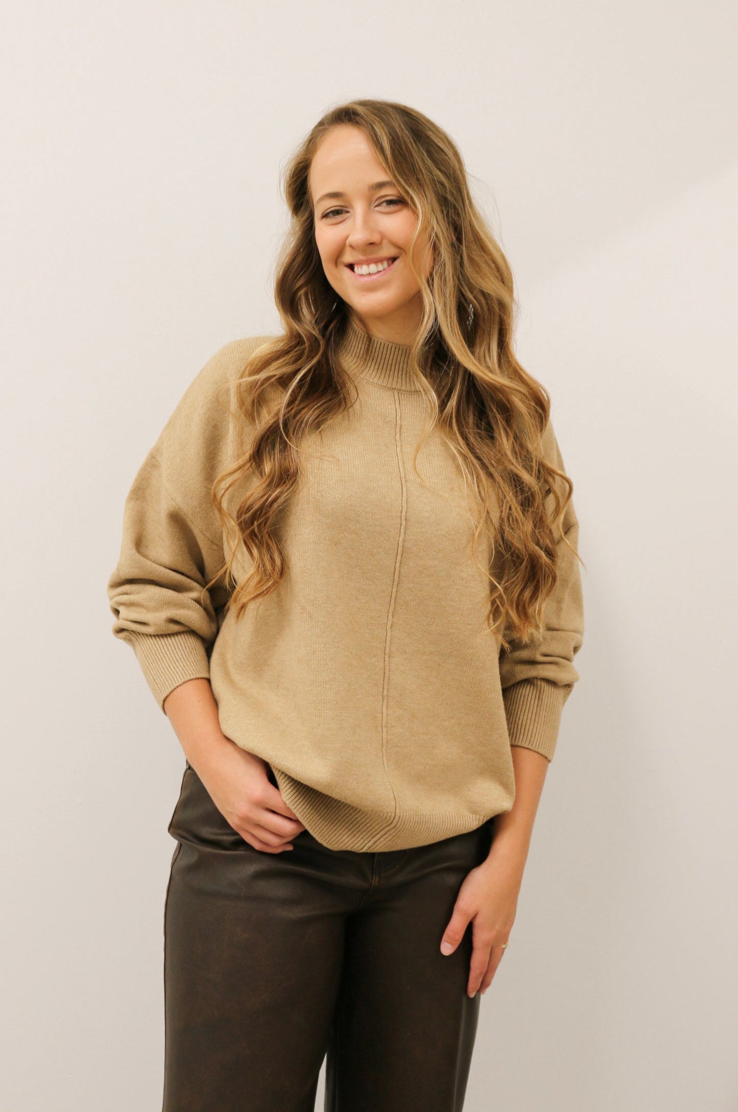 Tilly Front Seam Mock Neck Long Sleeve Relaxed Sweater - Latte