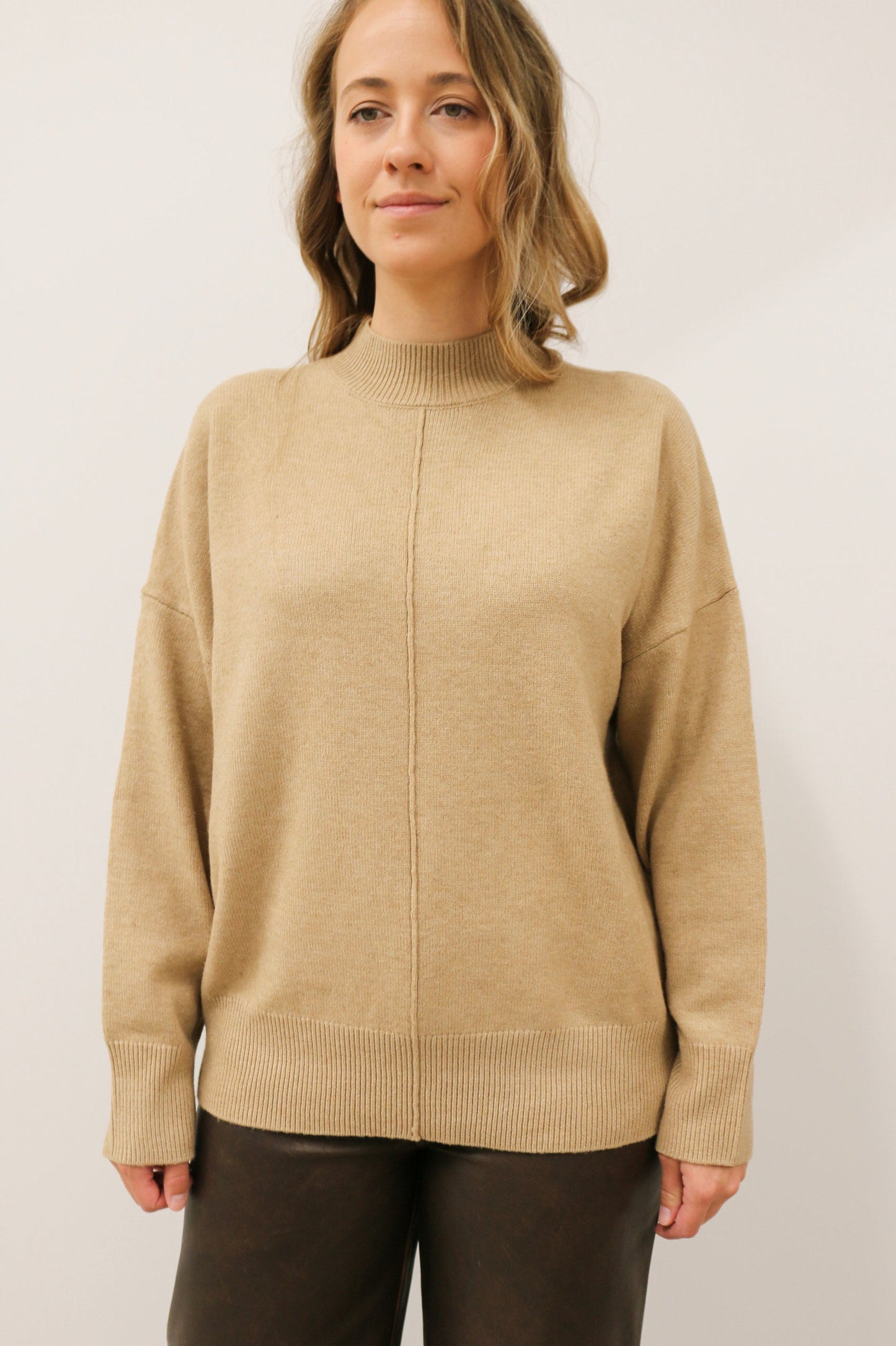 Tilly Front Seam Mock Neck Long Sleeve Relaxed Sweater - Latte