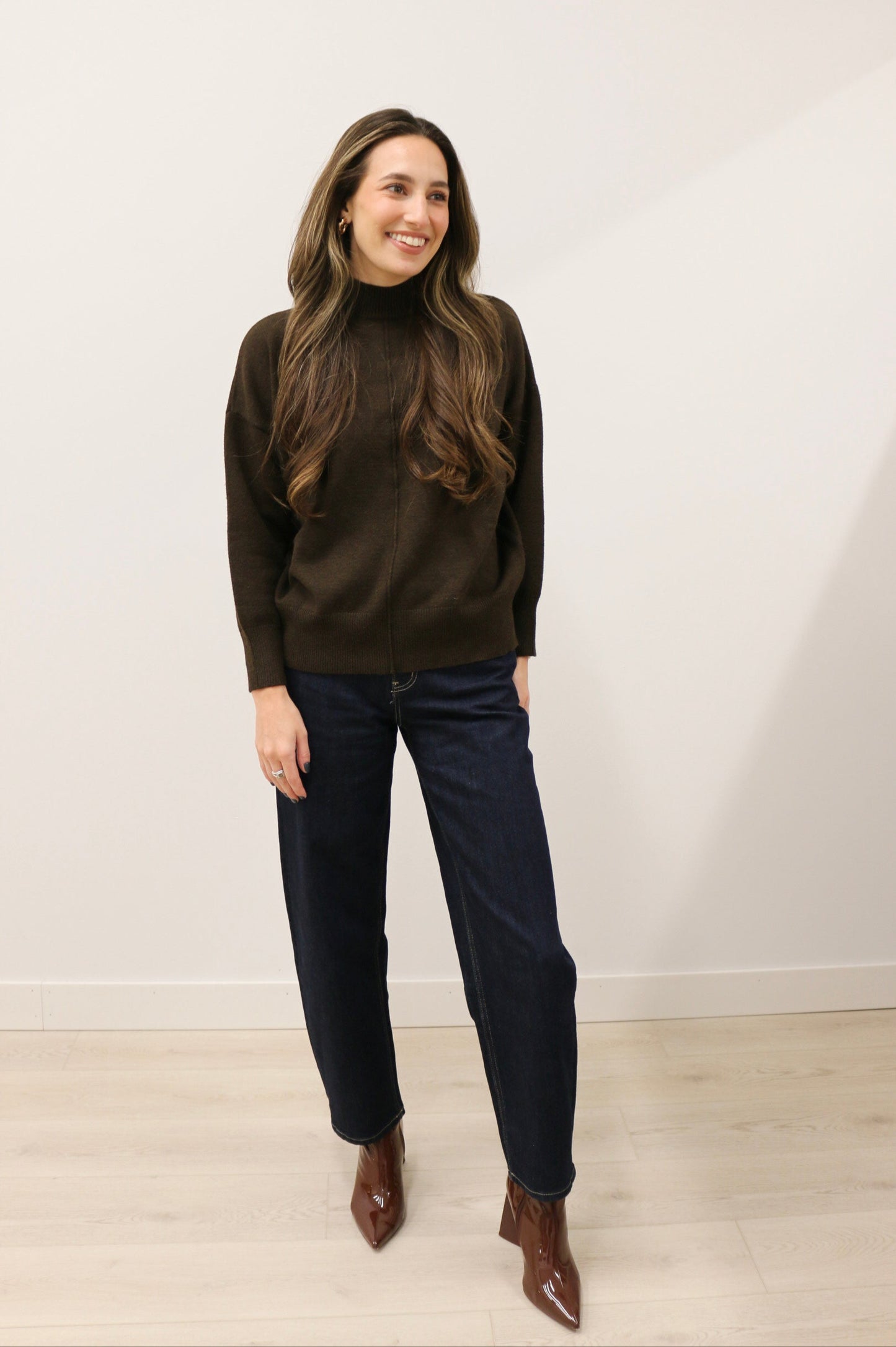 Tilly Front Seam Mock Neck Long Sleeve Relaxed Sweater - Dark Brown