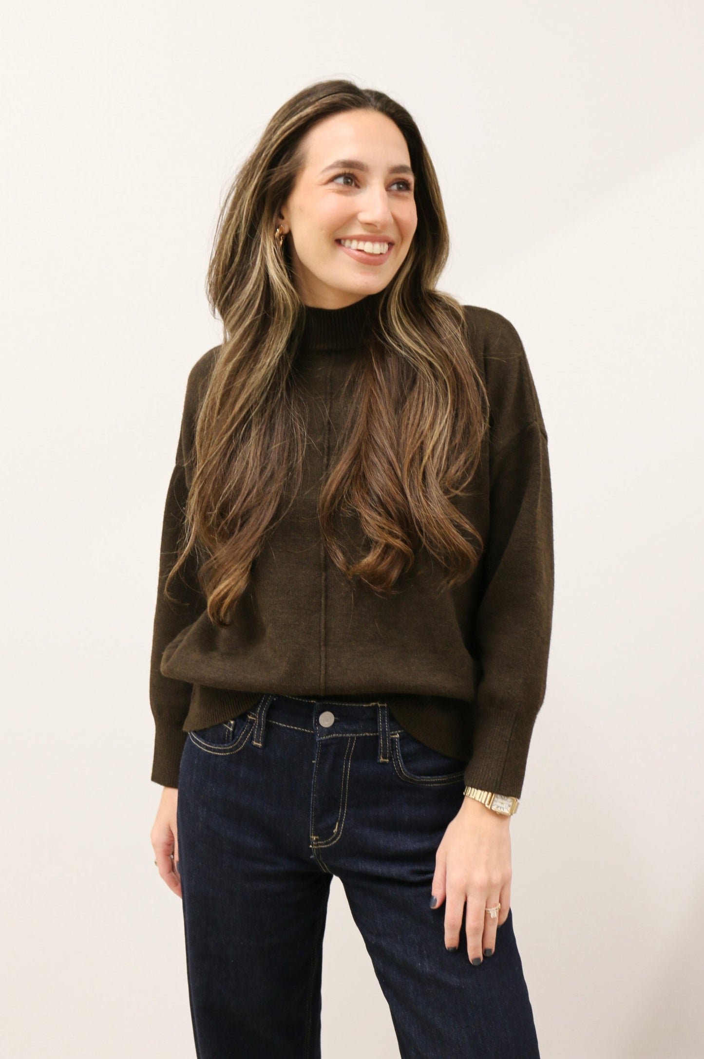 Tilly Front Seam Mock Neck Long Sleeve Relaxed Sweater - Dark Brown