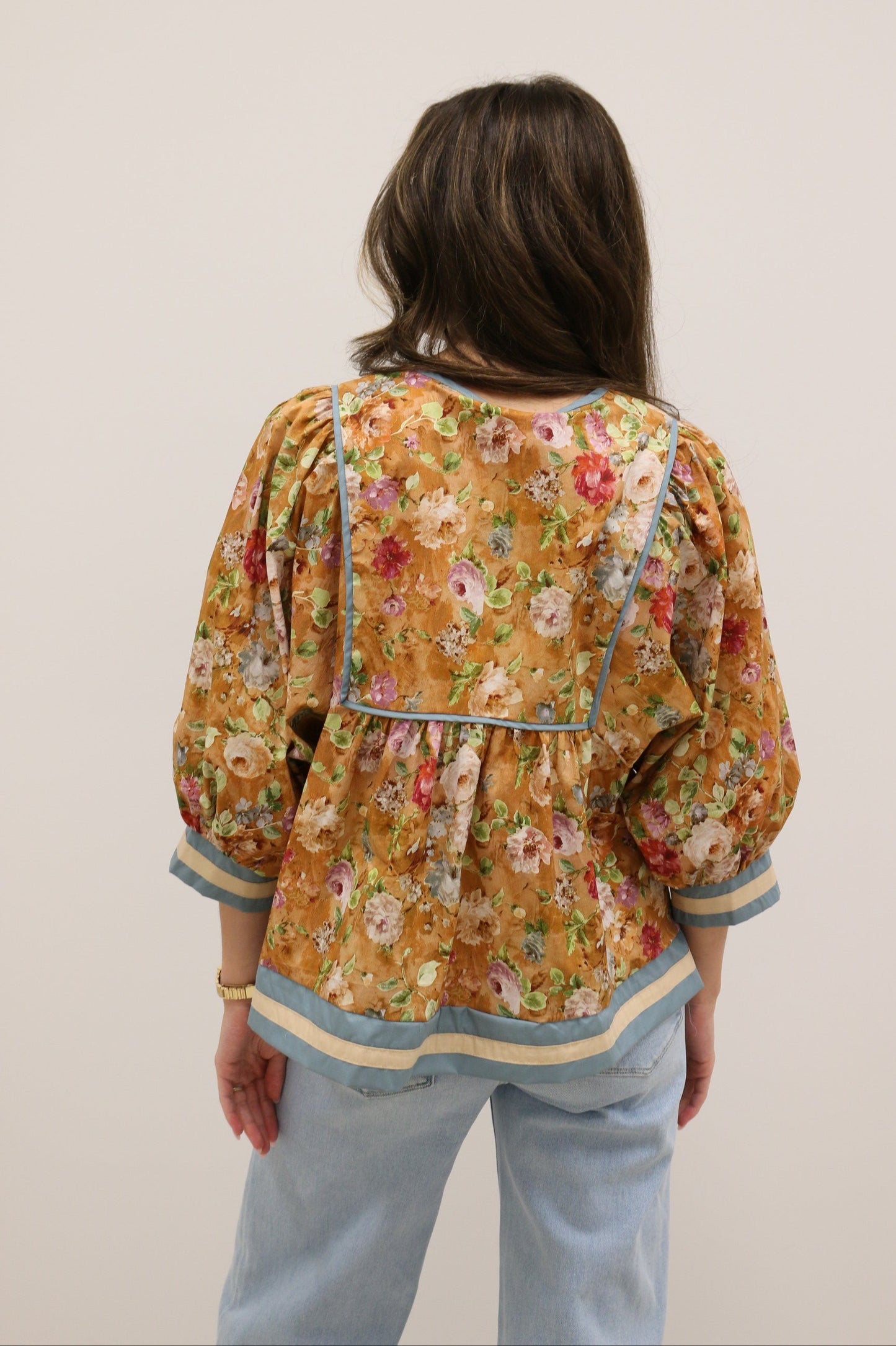 Vintage Bloom Curve Floral Empire Waist Tie Front Contrast Trim Top - Terra Cotta