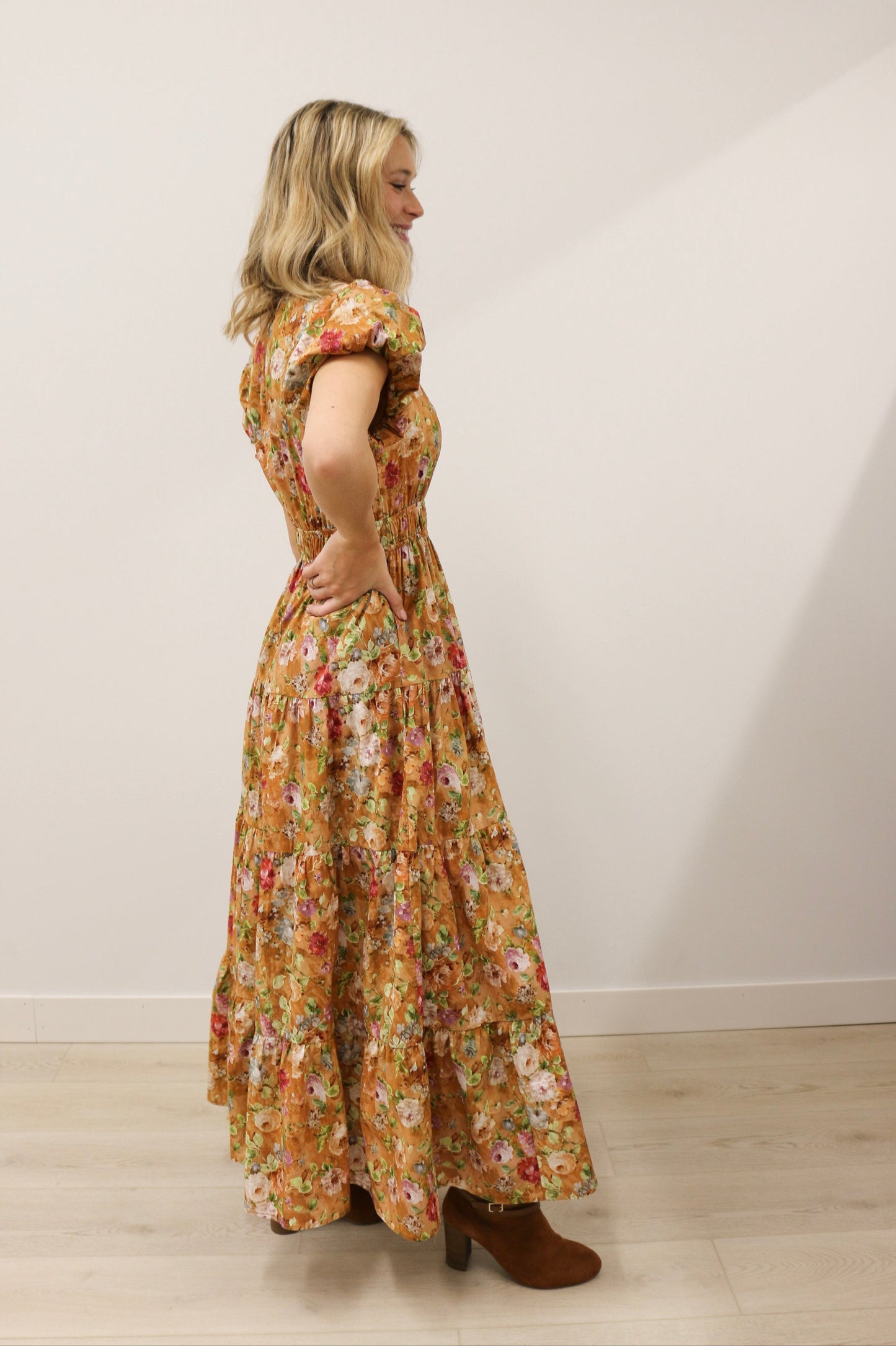 Vintage Bloom Floral Print Tiered Midi Dress Short Sleeve - Terra Cotta