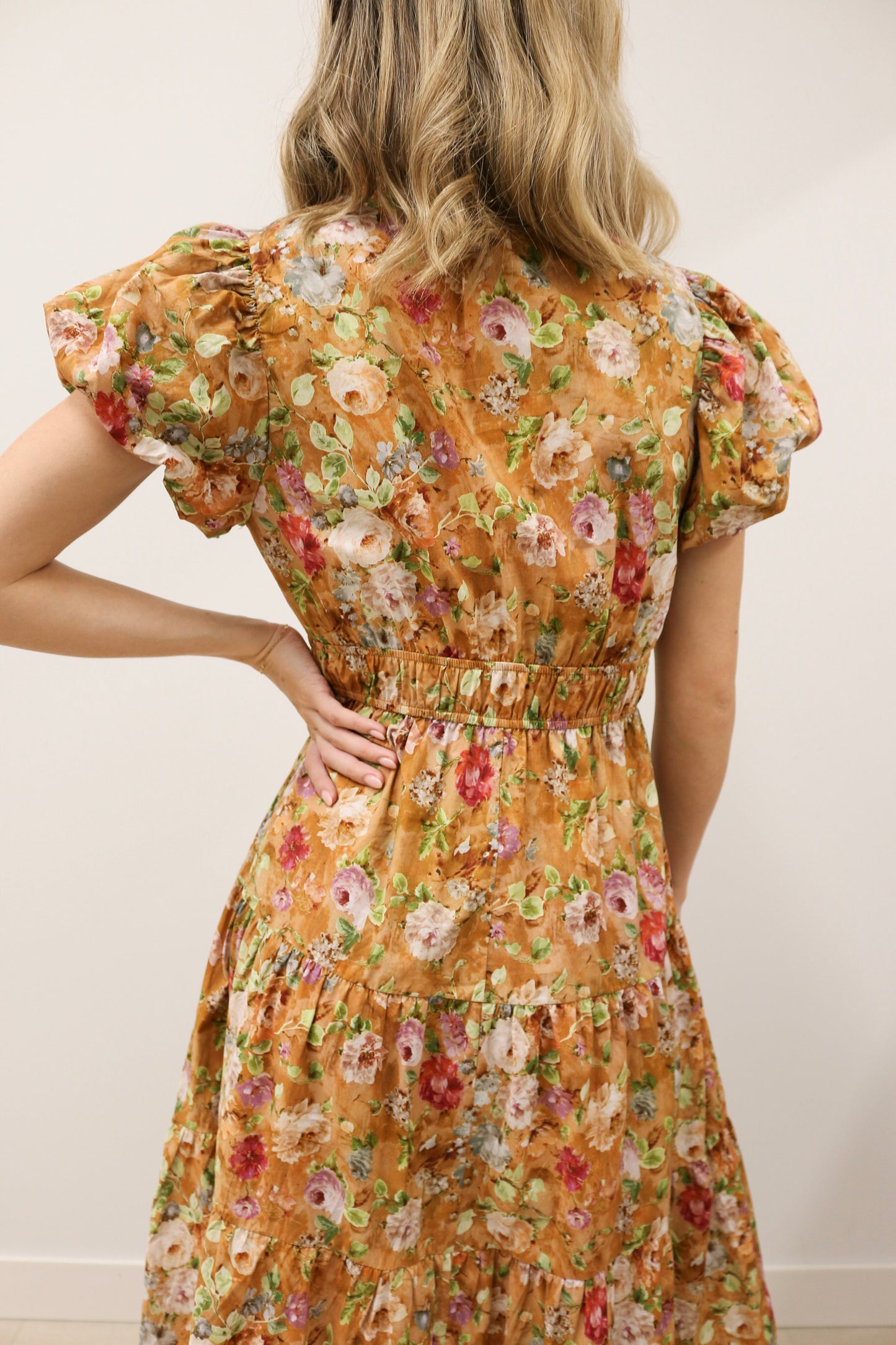 Vintage Bloom Floral Print Tiered Midi Dress Short Sleeve - Terra Cotta