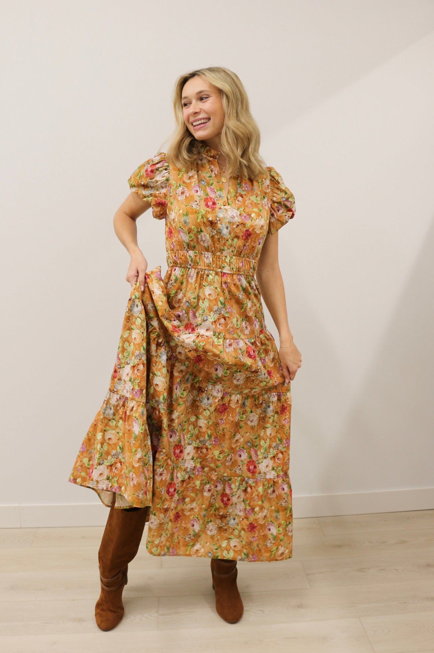 Vintage Bloom Floral Print Tiered Midi Dress Short Sleeve - Terra Cotta