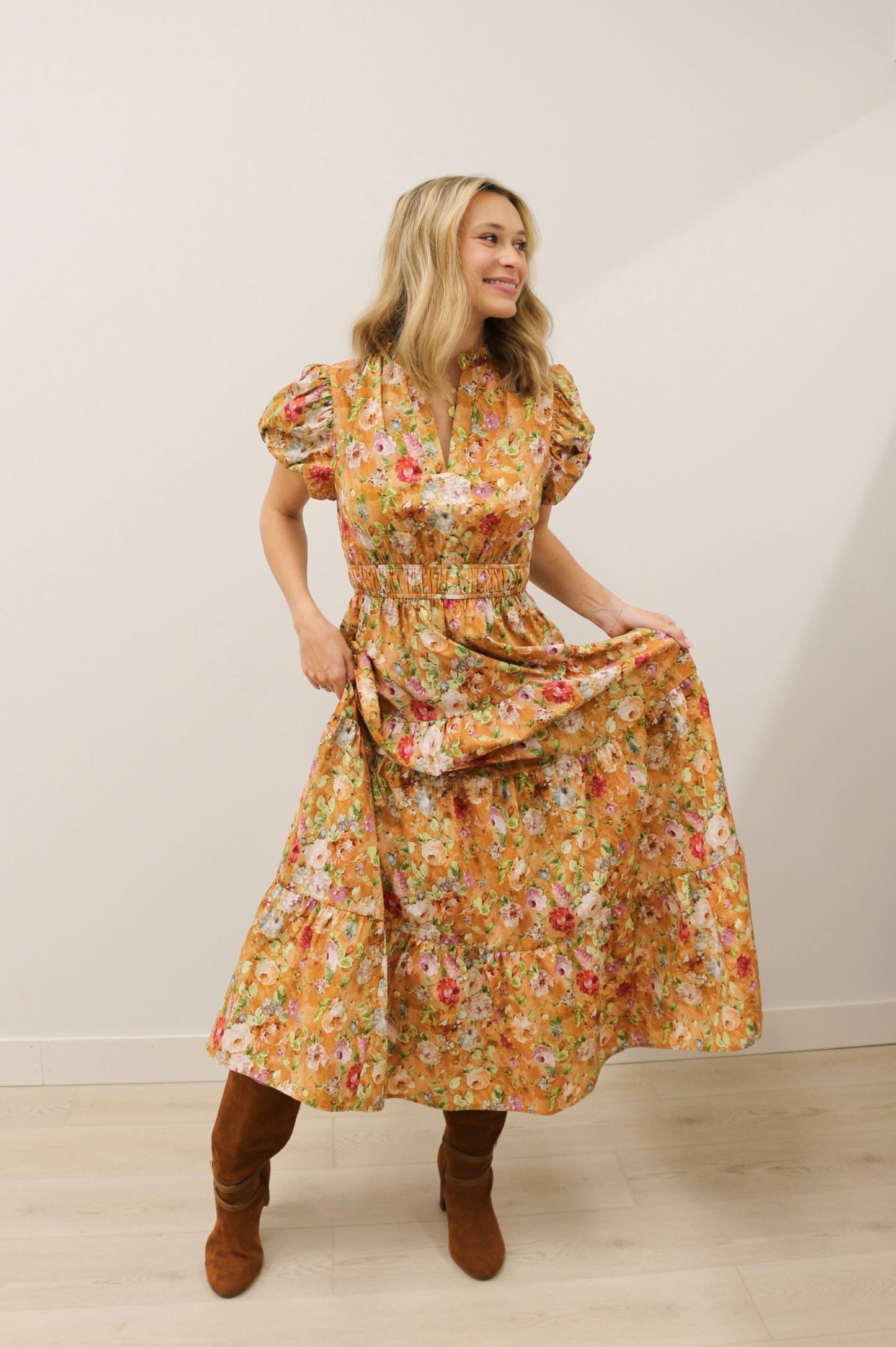 Vintage Bloom Floral Print Tiered Midi Dress Short Sleeve - Terra Cotta