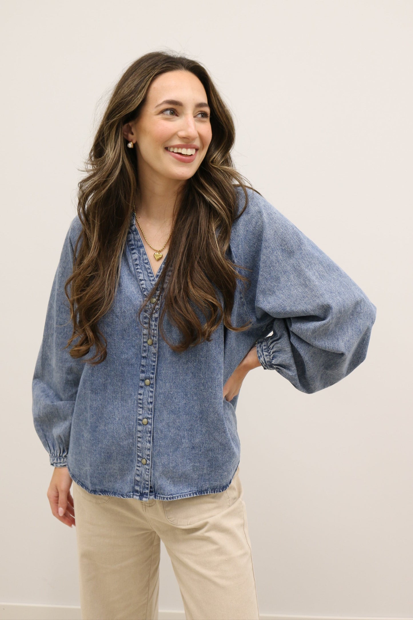 West Long Sleeve Button Down V-Neck Denim Blouse - Denim