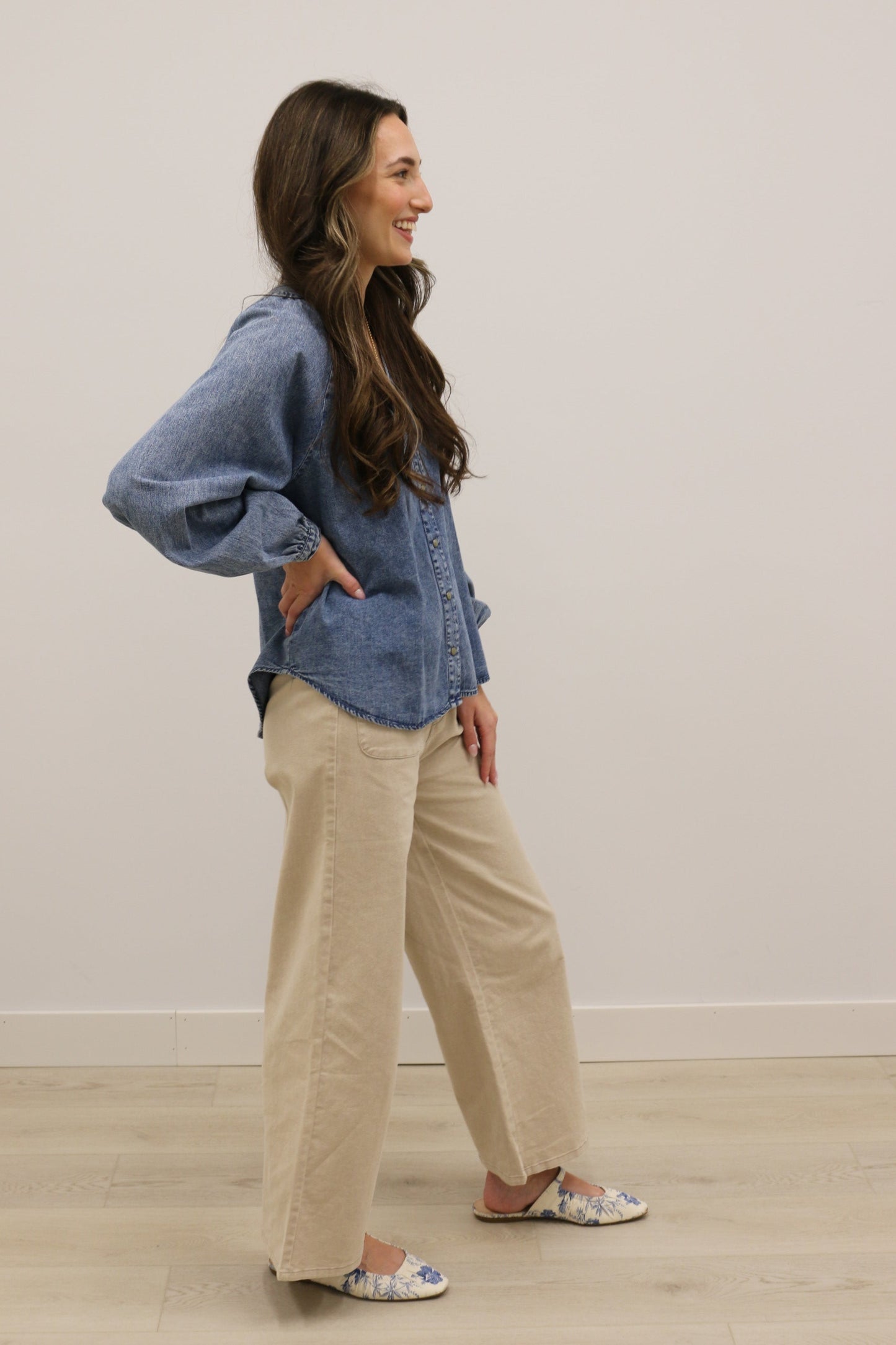 West Long Sleeve Button Down V-Neck Denim Blouse - Denim