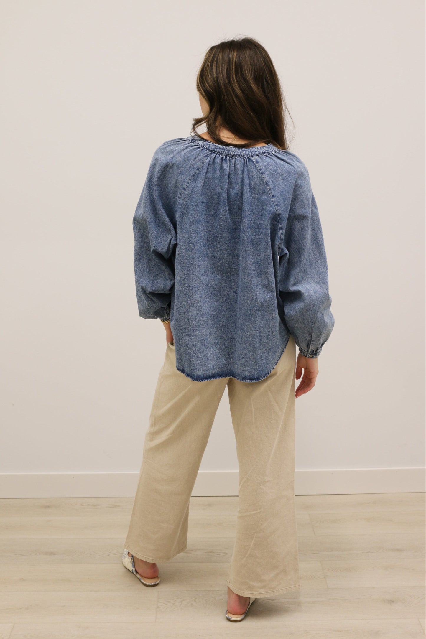 West Long Sleeve Button Down V-Neck Denim Blouse - Denim