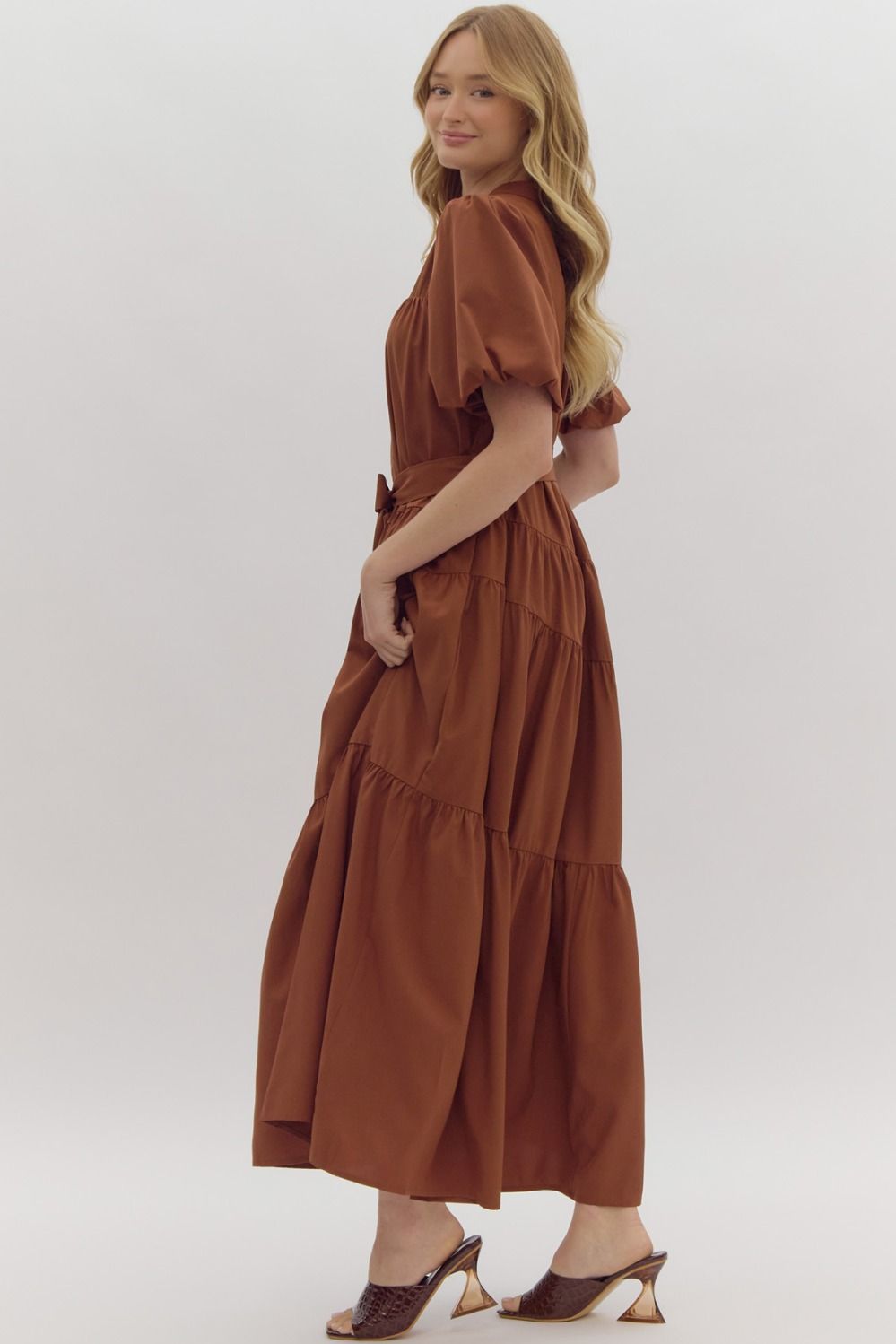 Hazel Puff Sleeve Button Front Tie Belt Maxi Dress - Camel
