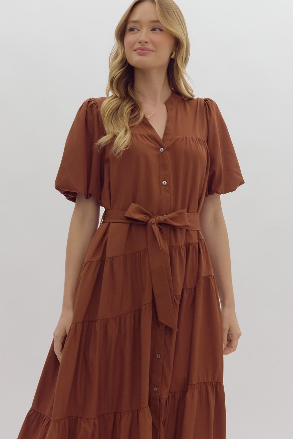 Hazel Puff Sleeve Button Front Tie Belt Maxi Dress - Camel