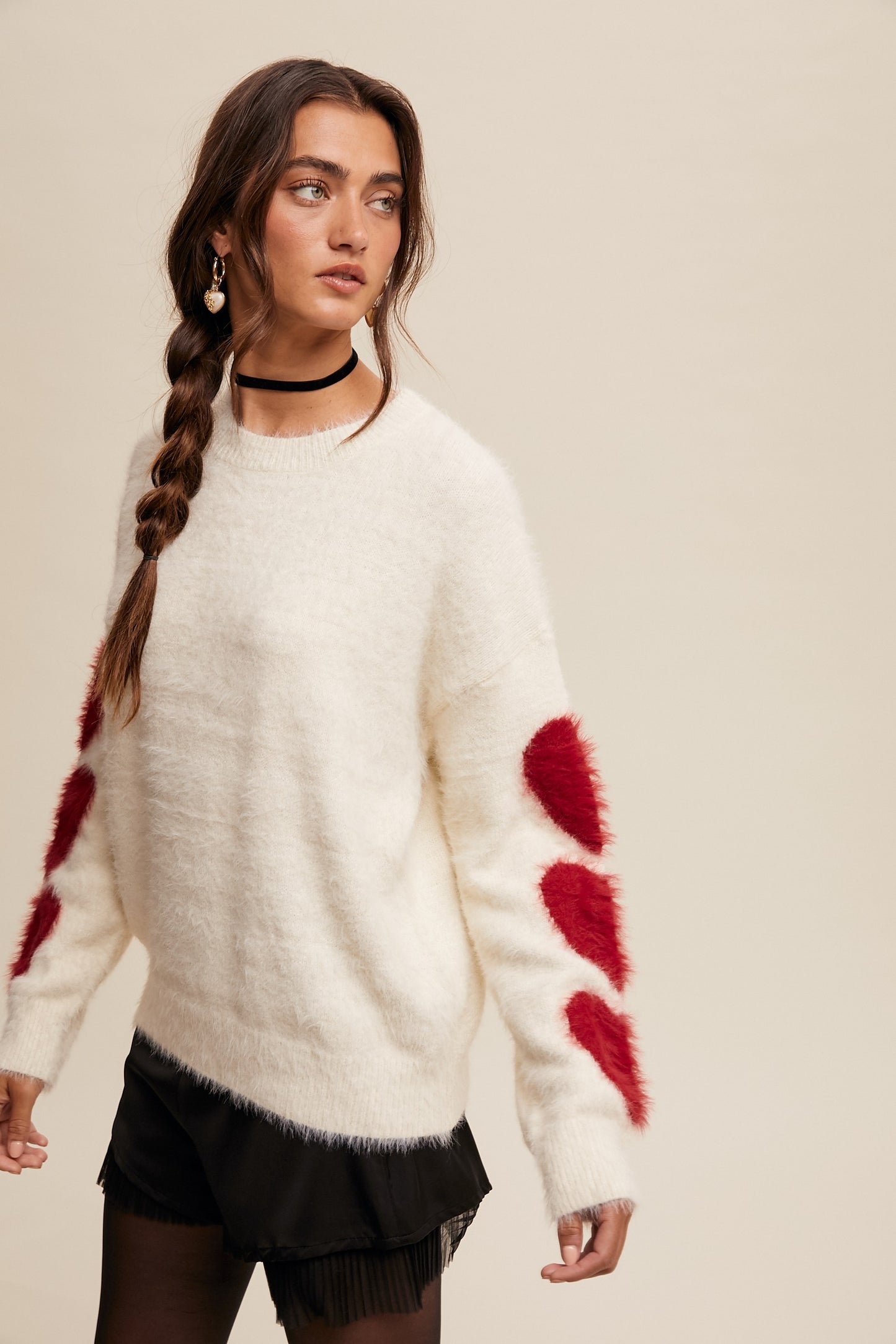 Heart On Your Sleeve Fuzzy Knit Long Sleeve Sweater - Ivory Red