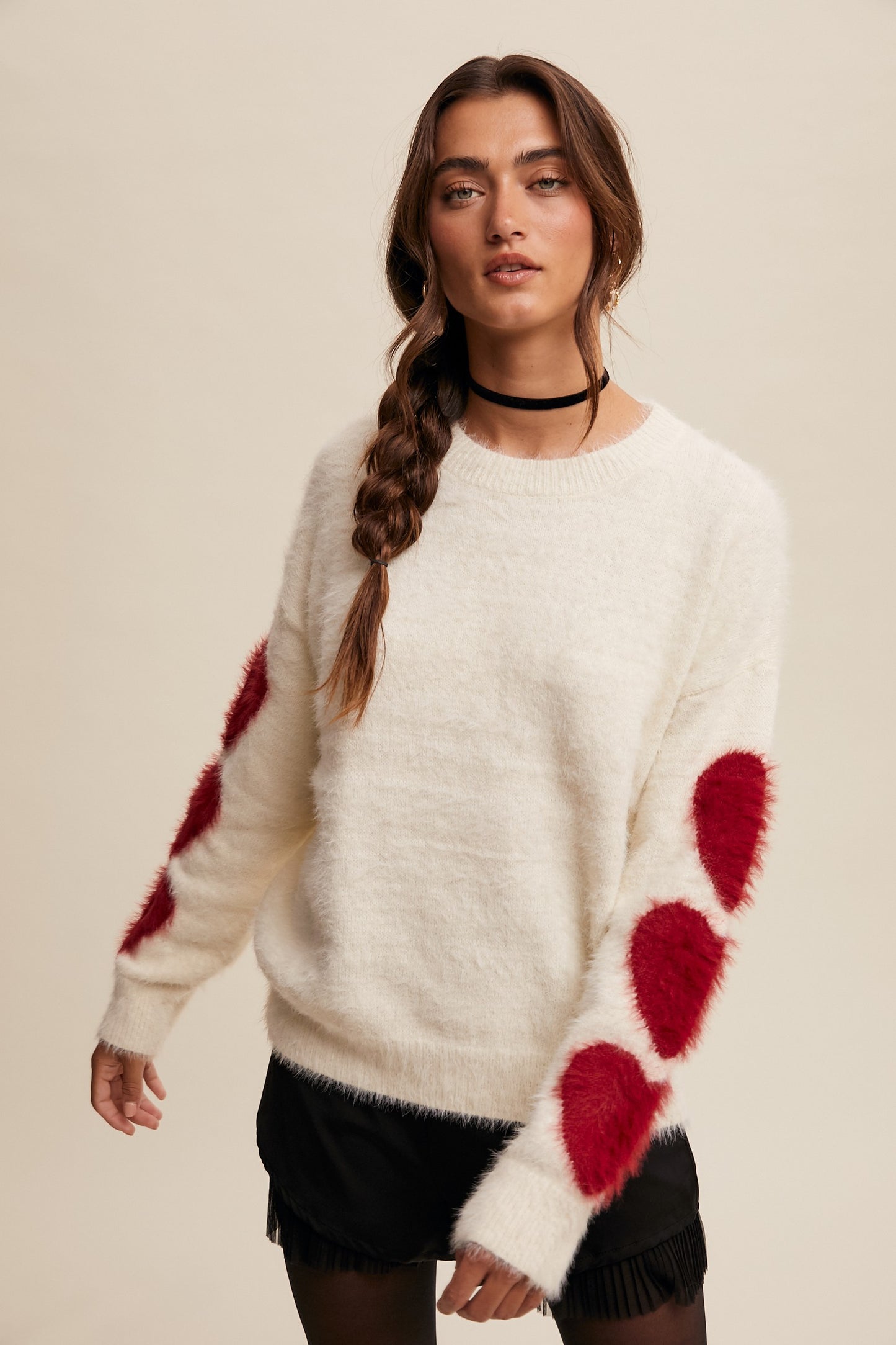 Heart On Your Sleeve Fuzzy Knit Long Sleeve Sweater - Ivory Red