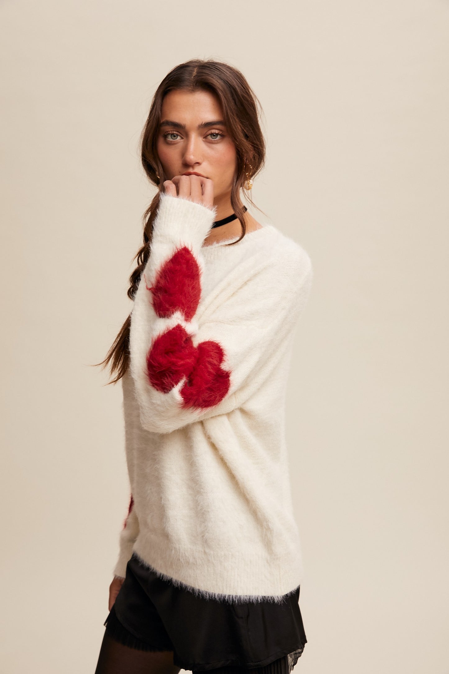Heart On Your Sleeve Fuzzy Knit Long Sleeve Sweater - Ivory Red