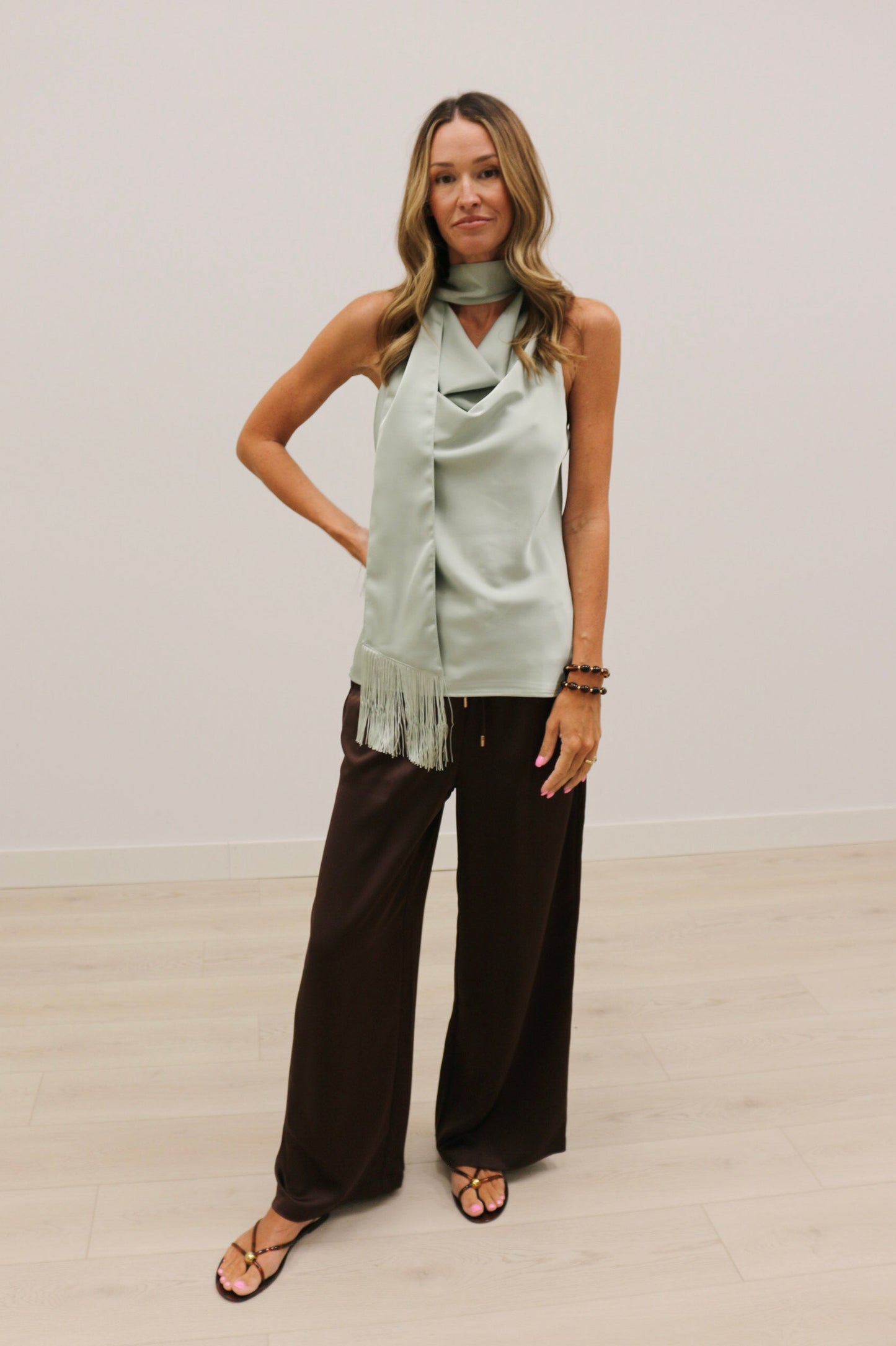 Knox Satin Fringe Scarf Sleeveless Blouse - Mint Green