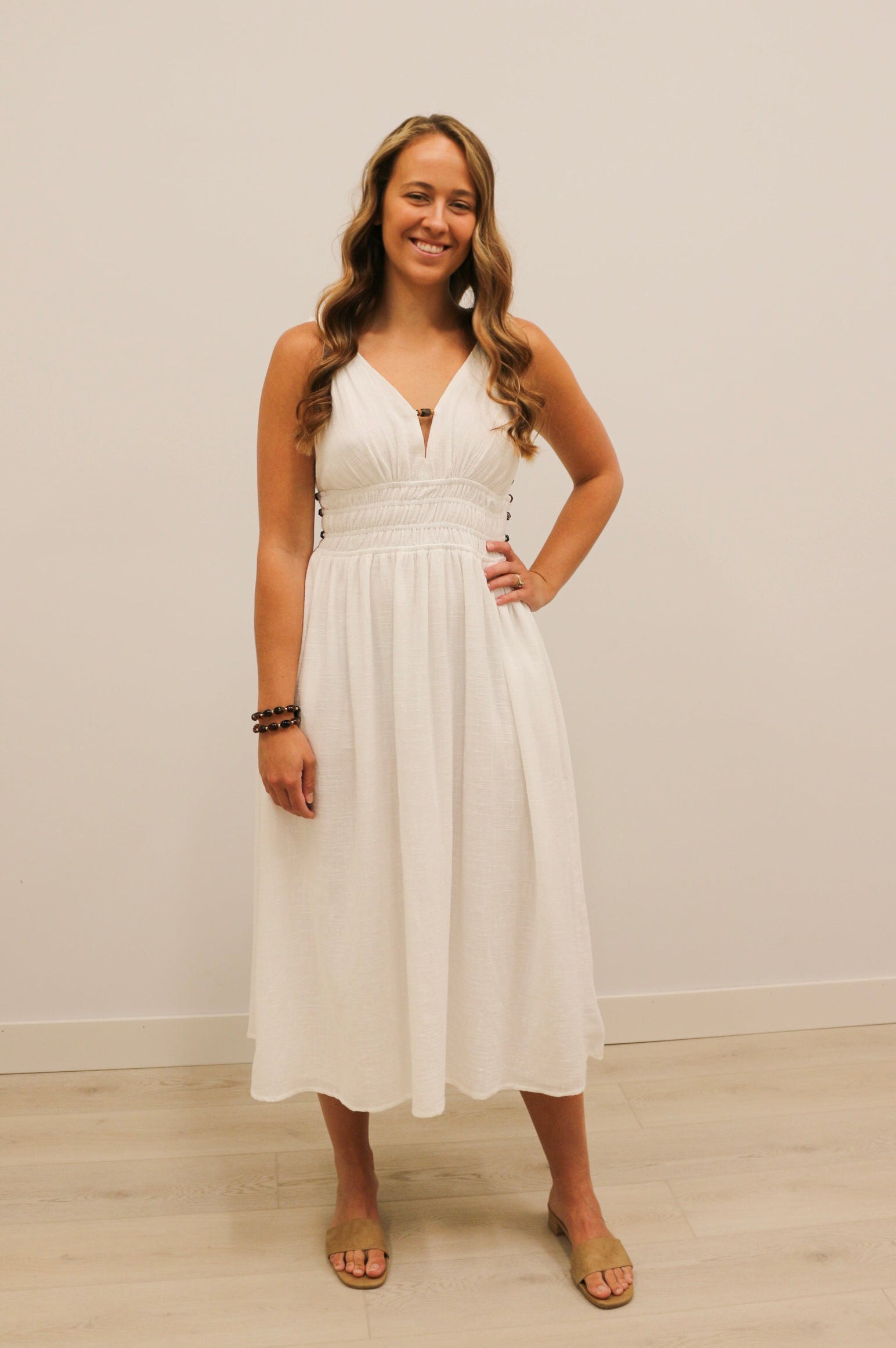 Koki Side Bead Cut Out Smocked Waist Midi Dress