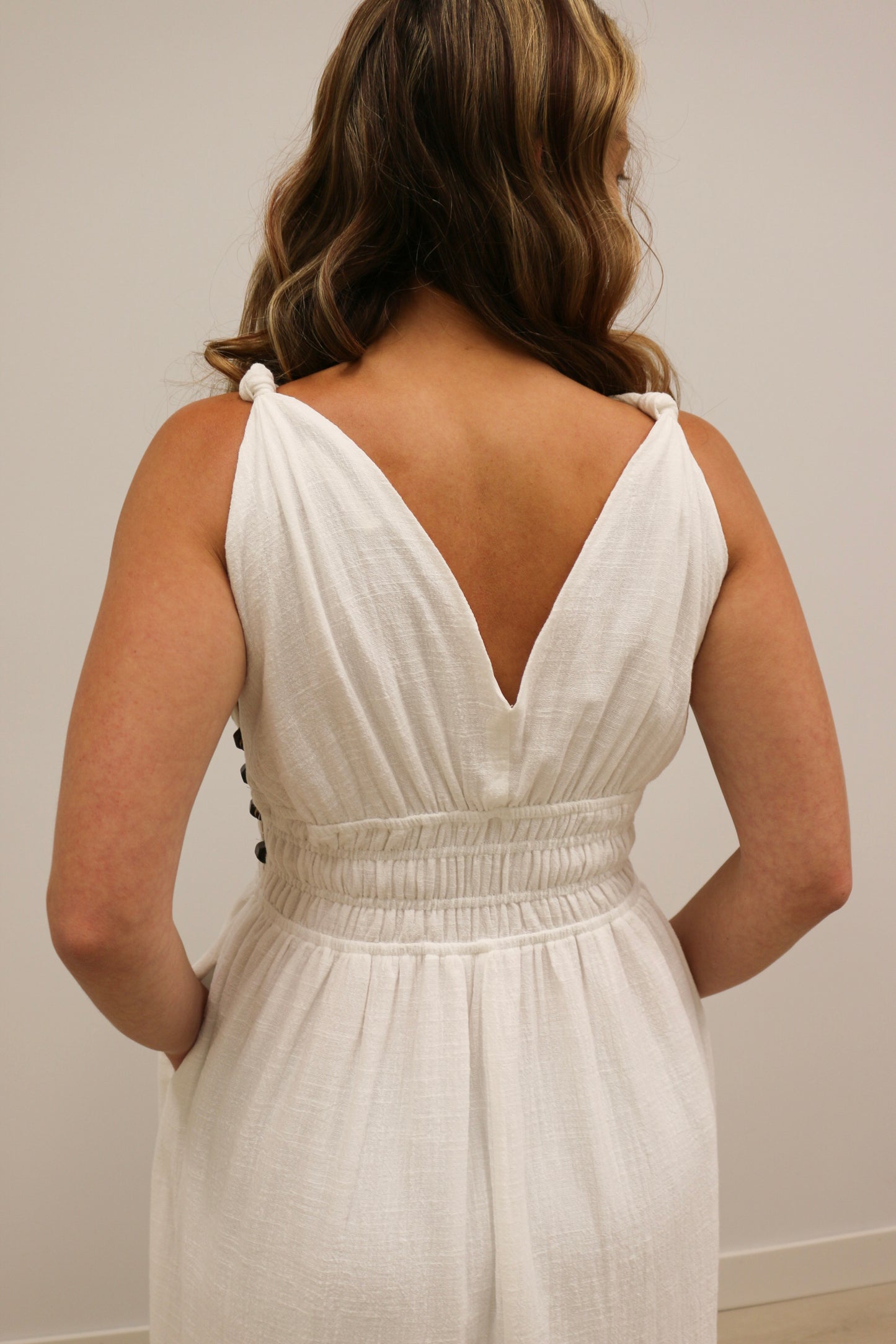Koki Side Bead Cut Out Smocked Waist Midi Dress - Off White