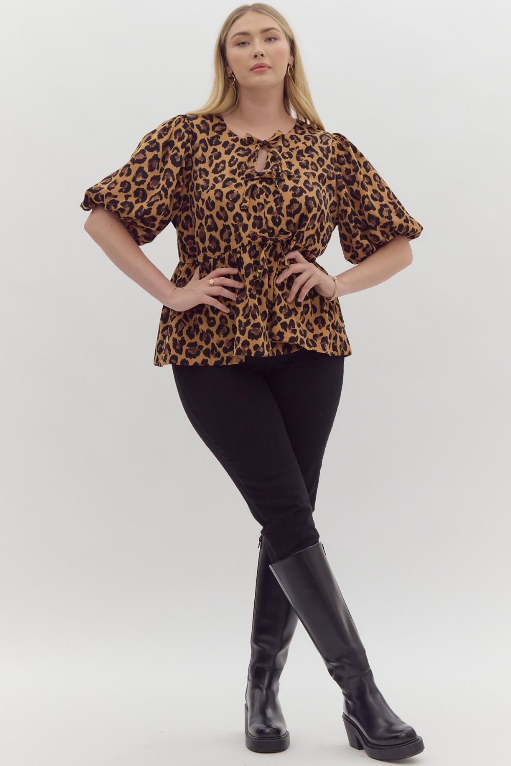 Leopard Curve Bow Front Bubble Sleeve Peplum Blouse - Leopard