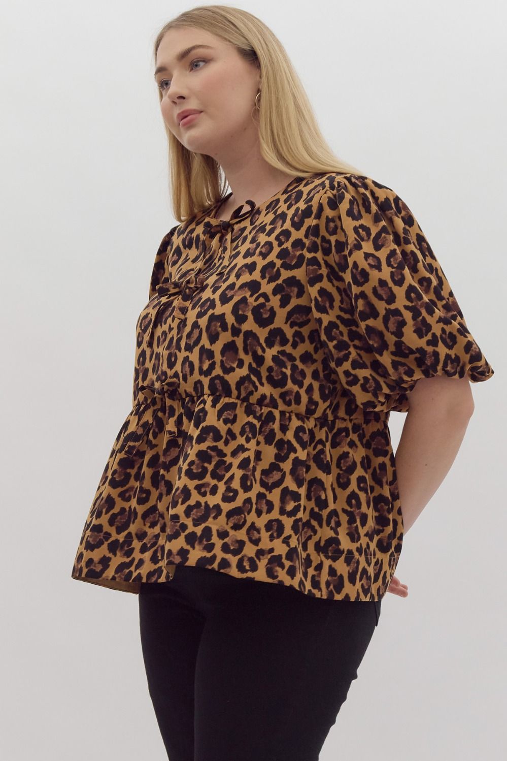 Leopard Curve Bow Front Bubble Sleeve Peplum Blouse - Leopard