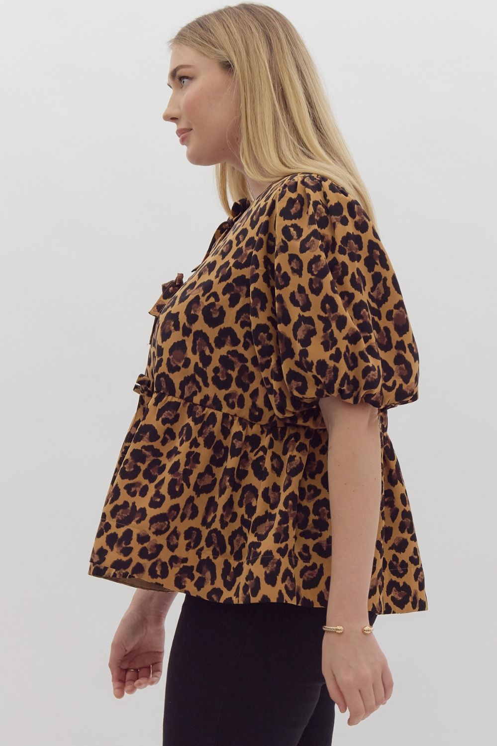Leopard Curve Bow Front Bubble Sleeve Peplum Blouse - Leopard