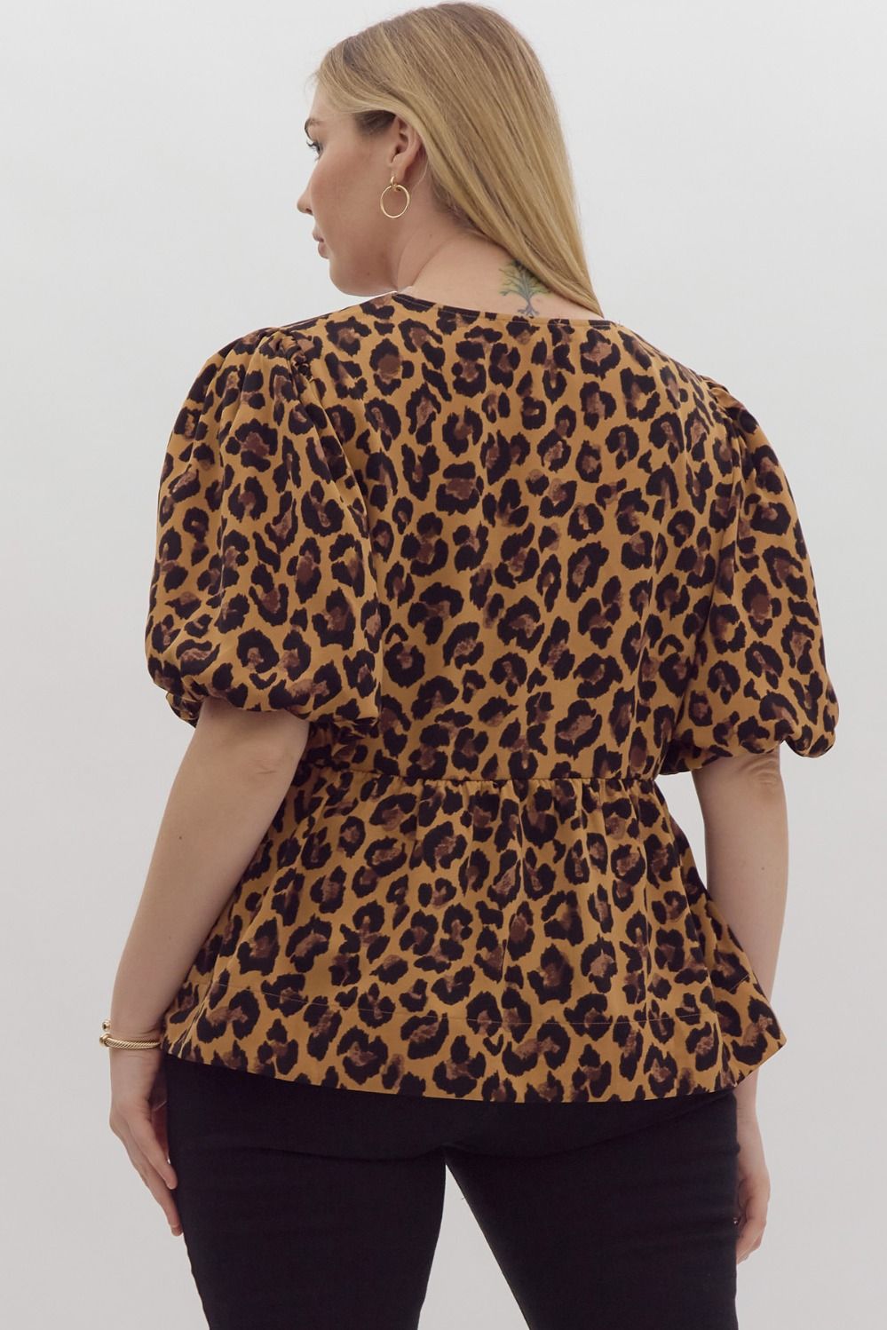 Leopard Curve Bow Front Bubble Sleeve Peplum Blouse - Leopard