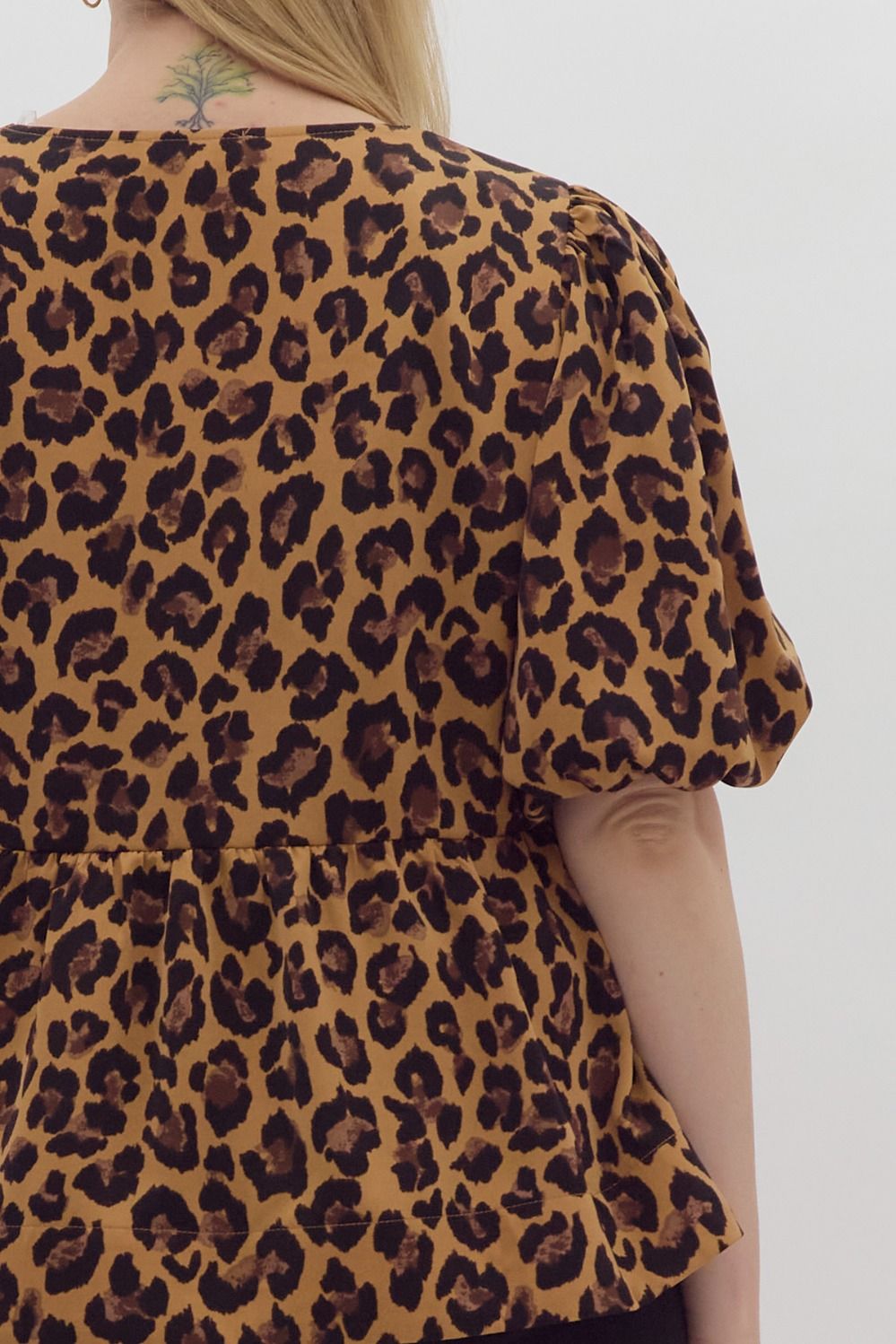 Leopard Curve Bow Front Bubble Sleeve Peplum Blouse - Leopard