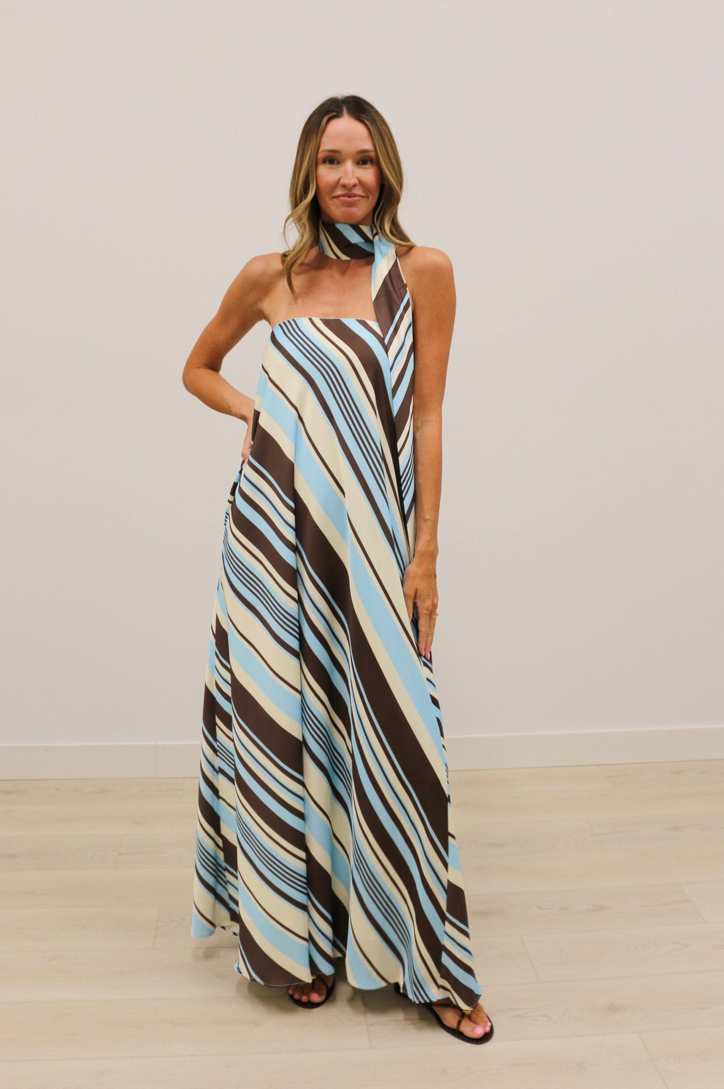 Lilah Strapless Stripe Maxi Dress with Convertible Scarf - Aqua Brown