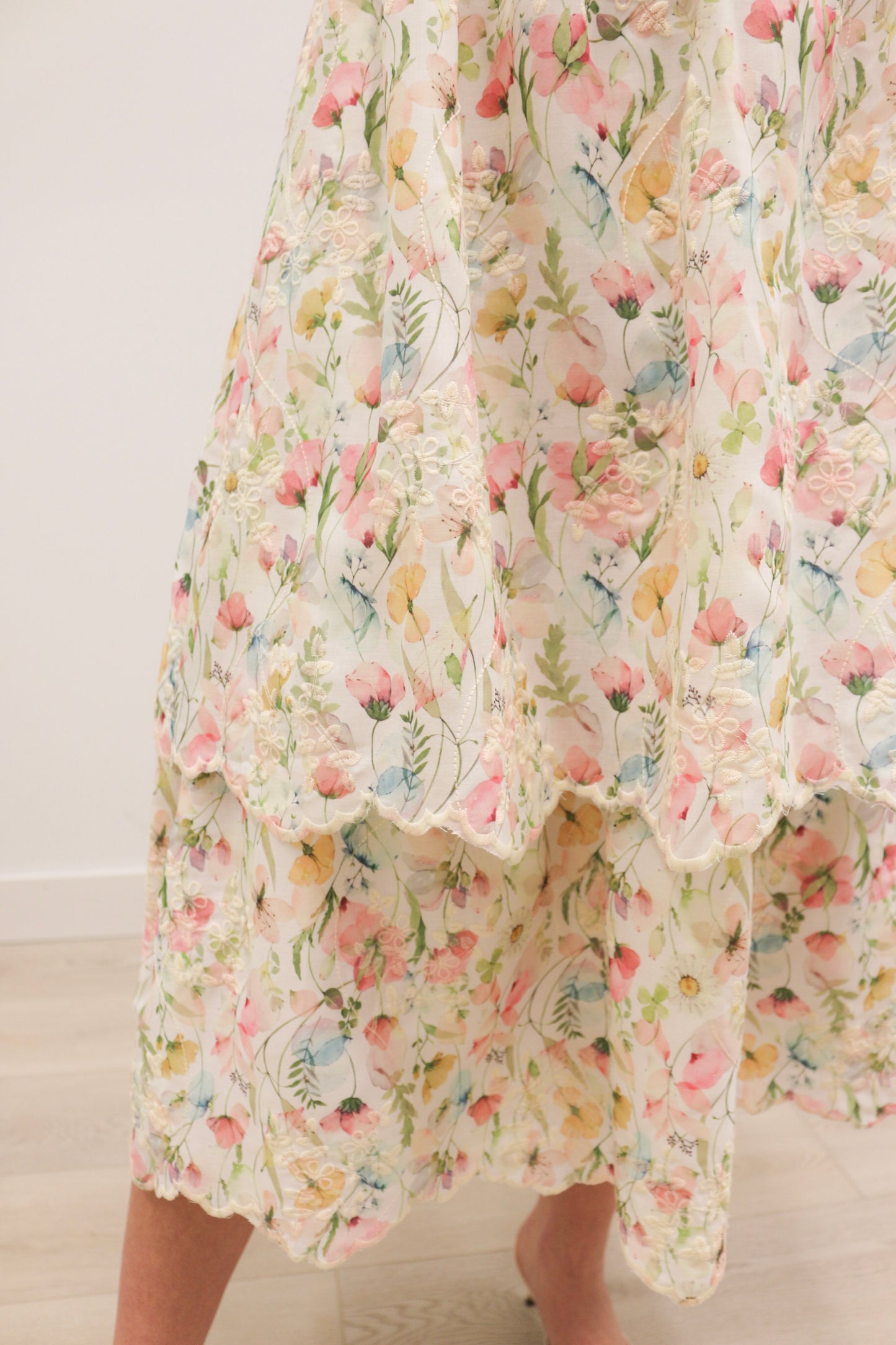 Lisette Embroidered Floral Tie Shoulder Tiered Midi Dress - Pastel Multi