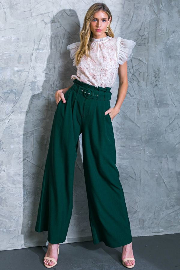 Maren High Waisted Paper Bag Wide Leg Belted Woven Pant - Dark Green