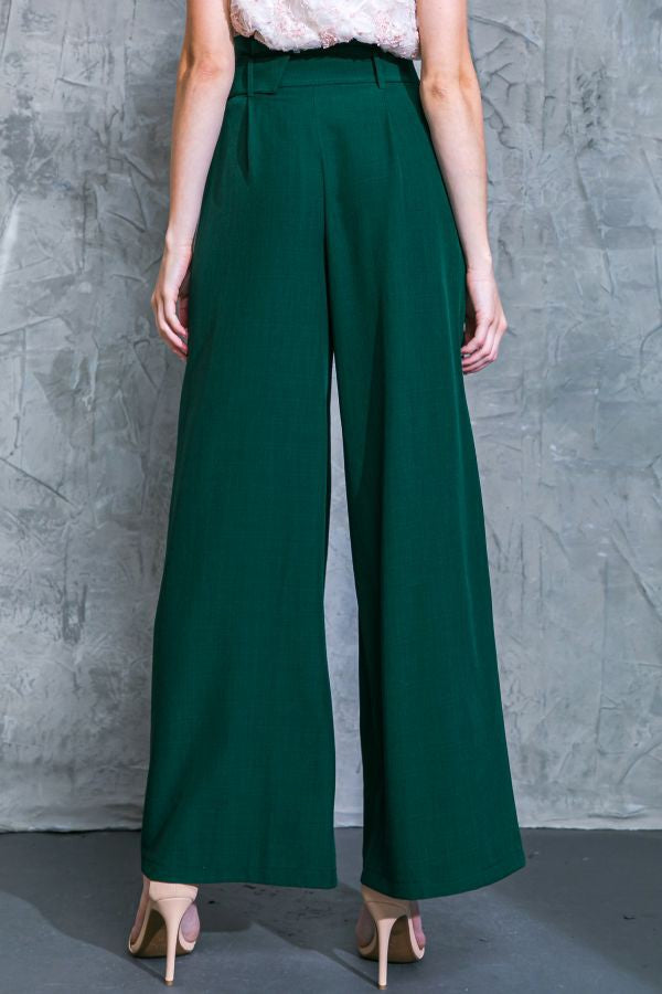 Maren High Waisted Paper Bag Wide Leg Belted Woven Pant - Dark Green