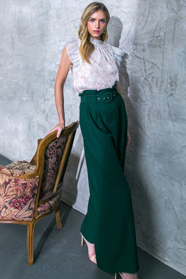 Maren High Waisted Paper Bag Wide Leg Belted Woven Pant - Dark Green